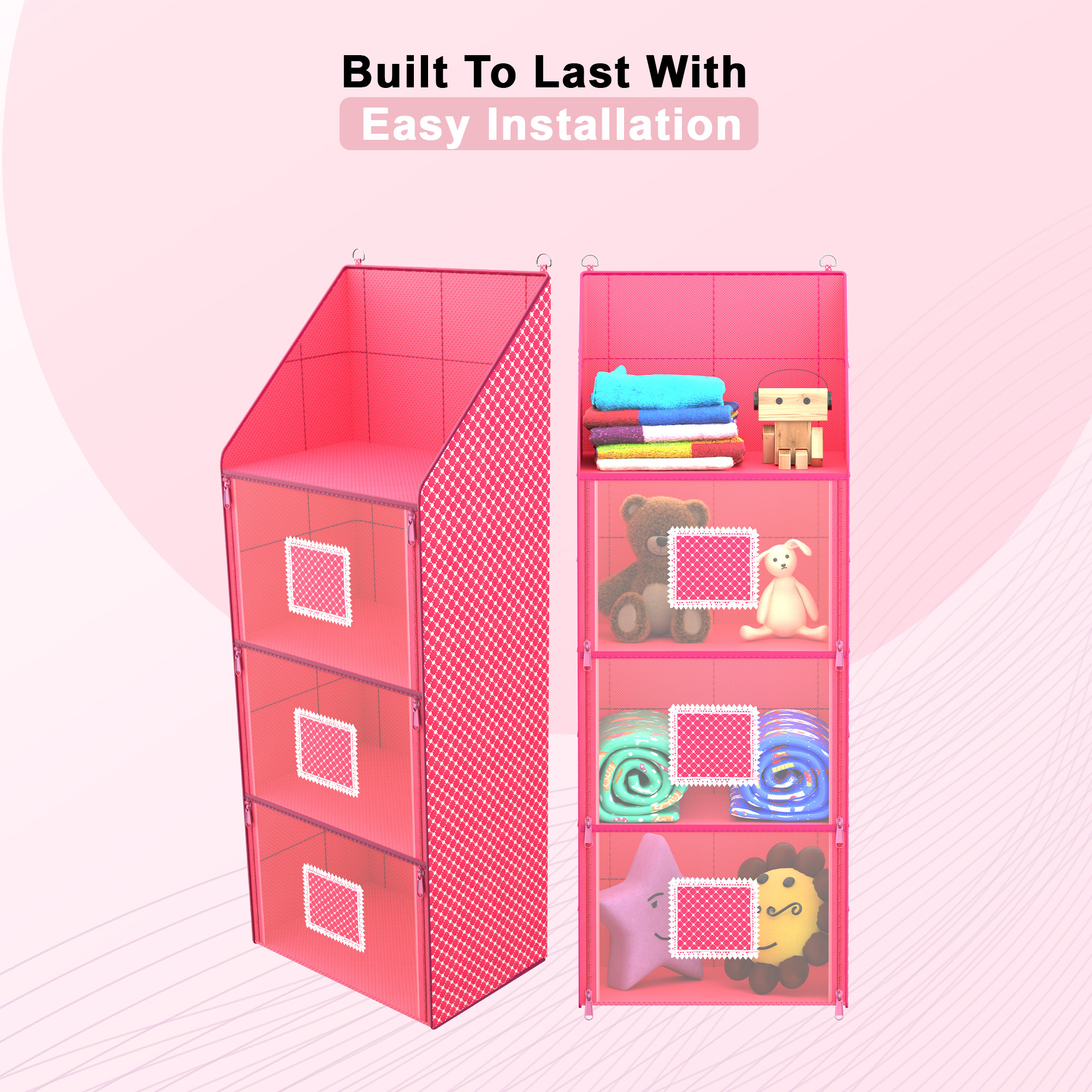 Kuber Industries Hanging Almirah  Folding Baby Almirah  4 Compartments Storage Almirah  Hanging Wall Almirah  Wardrobe Organizer for Cloth-Shoes-Toys  Hathkadi  Pink