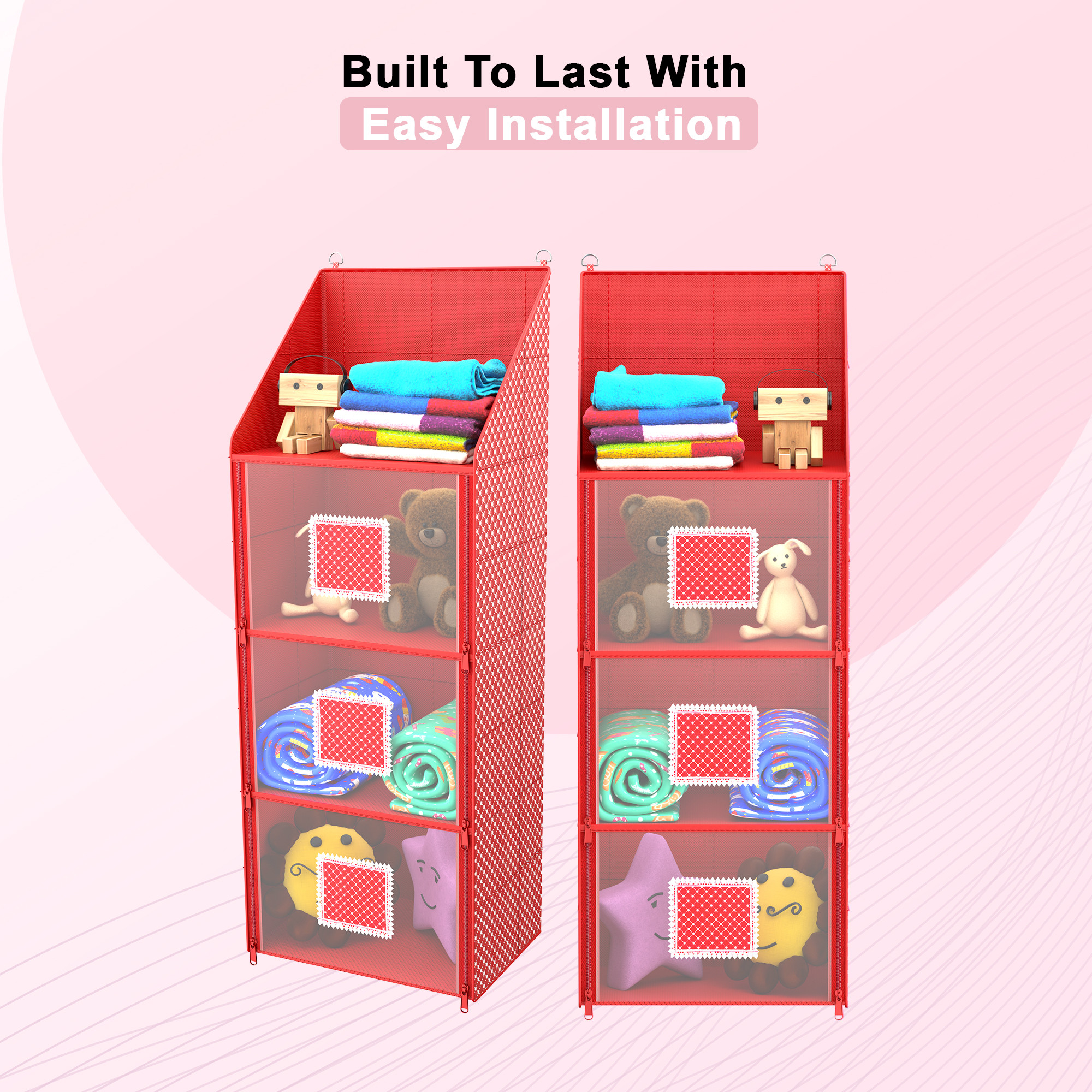 Kuber Industries Hanging Almirah  Folding Baby Almirah  4 Compartments Storage Almirah  Hanging Wall Almirah  Wardrobe Organizer for Cloth-Shoes-Toys  Hathkadi  Red