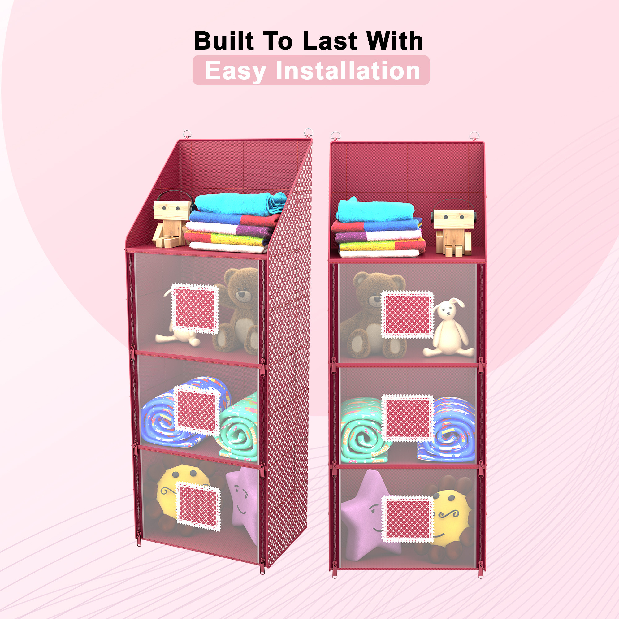 Kuber Industries Hanging Almirah  Folding Baby Almirah  4 Compartments Storage Almirah  Hanging Wall Almirah  Wardrobe Organizer for Cloth-Shoes-Toys  Hathkadi  Maroon