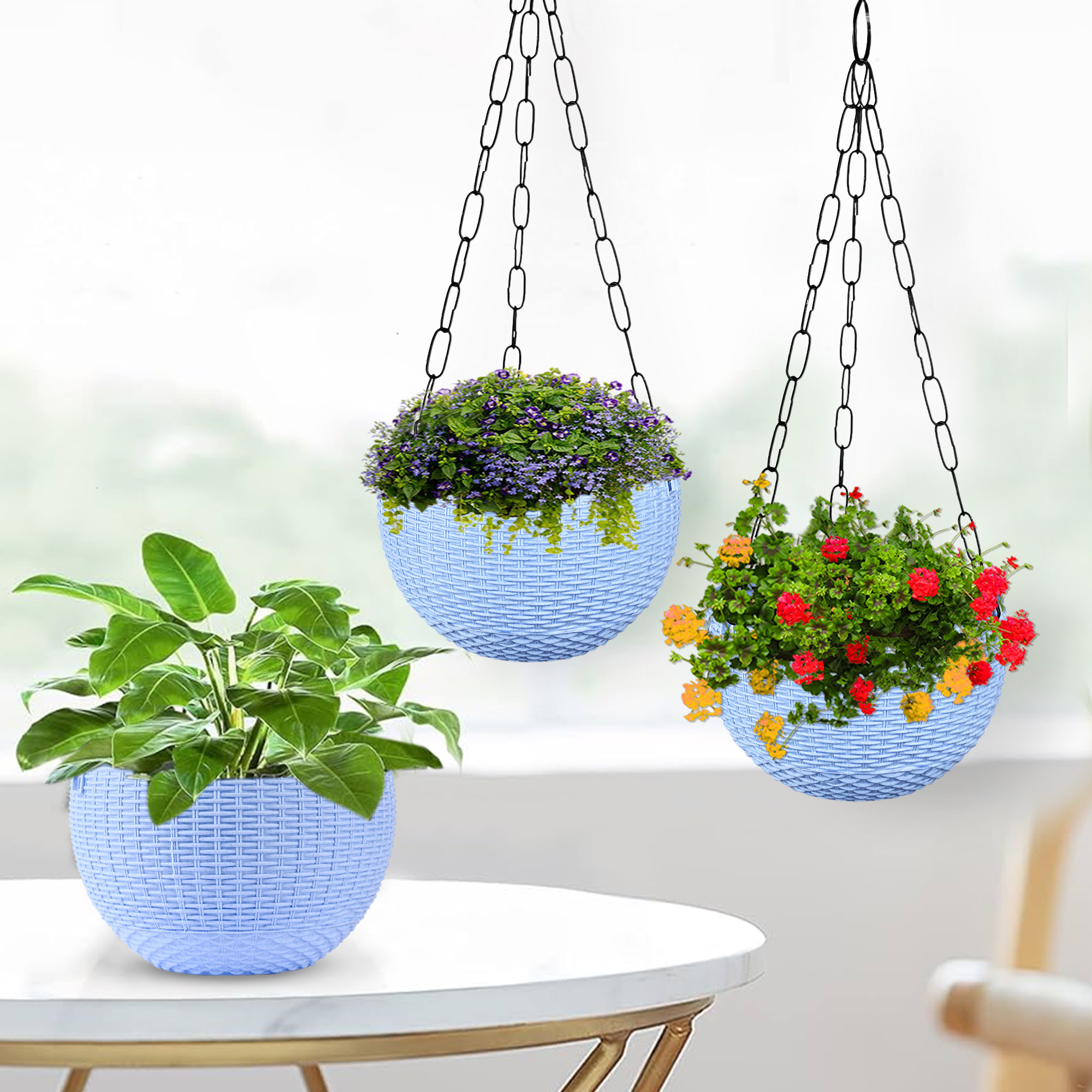 Kuber Industries Hanging Flower Pot  | Hanging Flower Pot for Living Room | Hanging Pot for Home-Lawns & Gardening | Flower Planter for Balcony | Marble Euro | 7 Inch | Blue