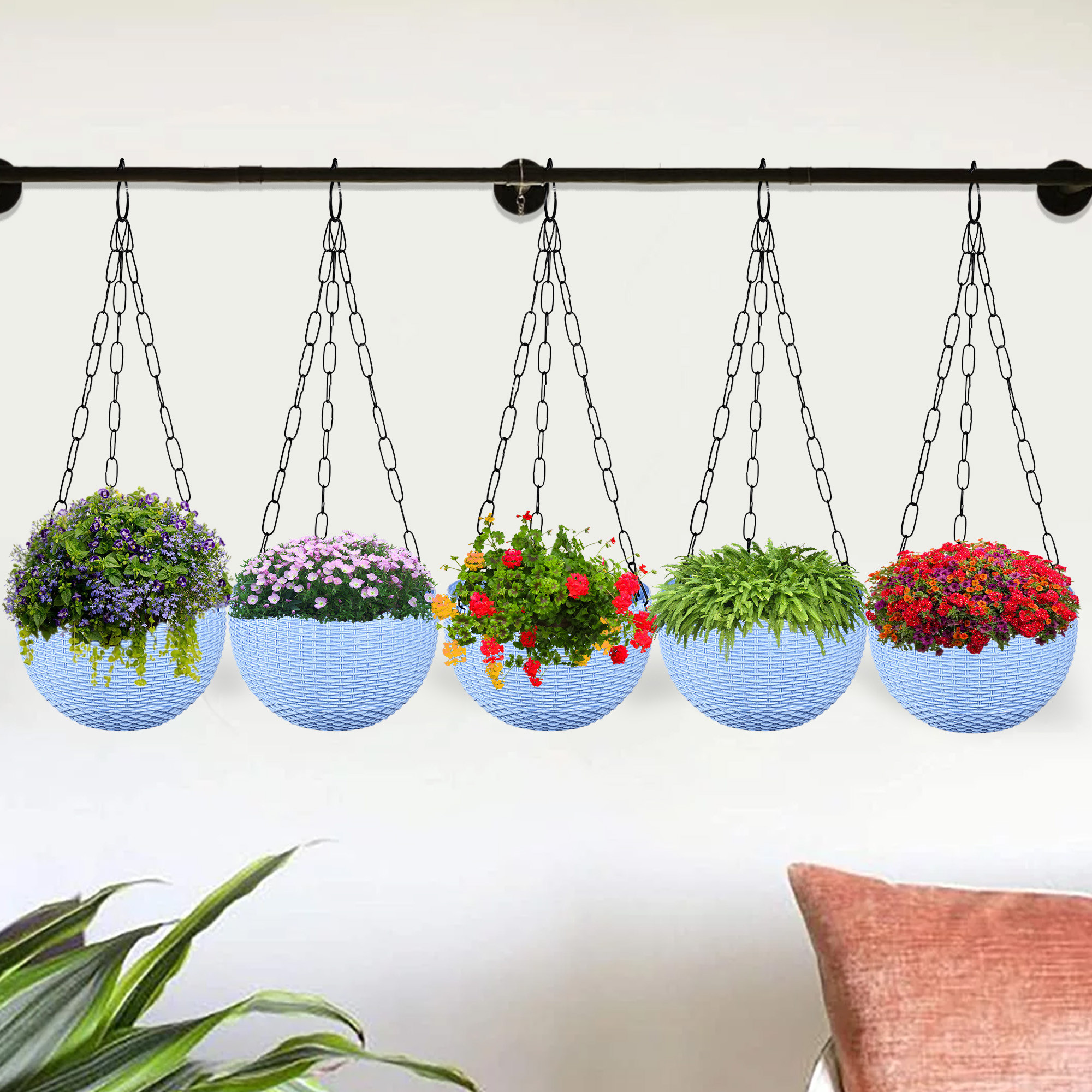 Kuber Industries Hanging Flower Pot  | Hanging Flower Pot for Living Room | Hanging Pot for Home-Lawns & Gardening | Flower Planter for Balcony | Marble Euro | 7 Inch | Blue
