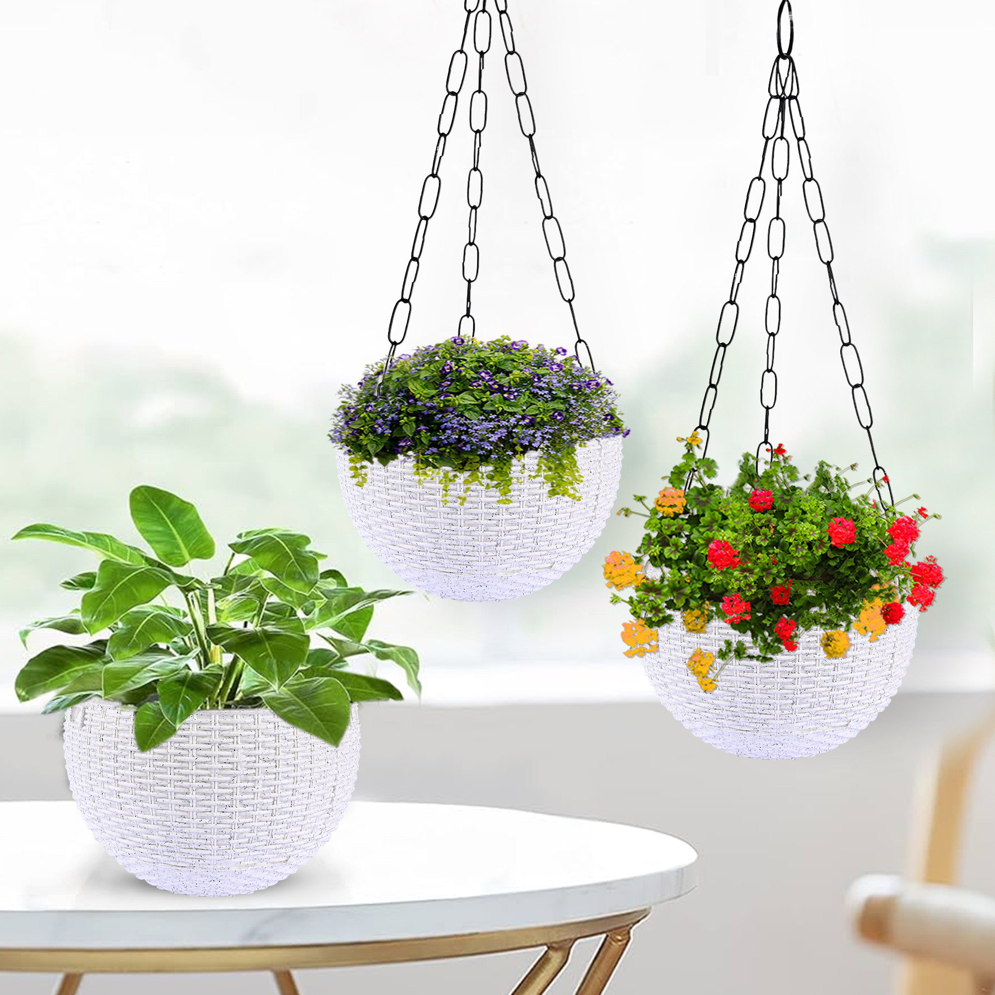 Kuber Industries Hanging Flower Pot  | Hanging Flower Pot for Living Room | Hanging Pot for Home-Lawns & Gardening | Flower Planter for Balcony | Marble Euro | 7 Inch | White