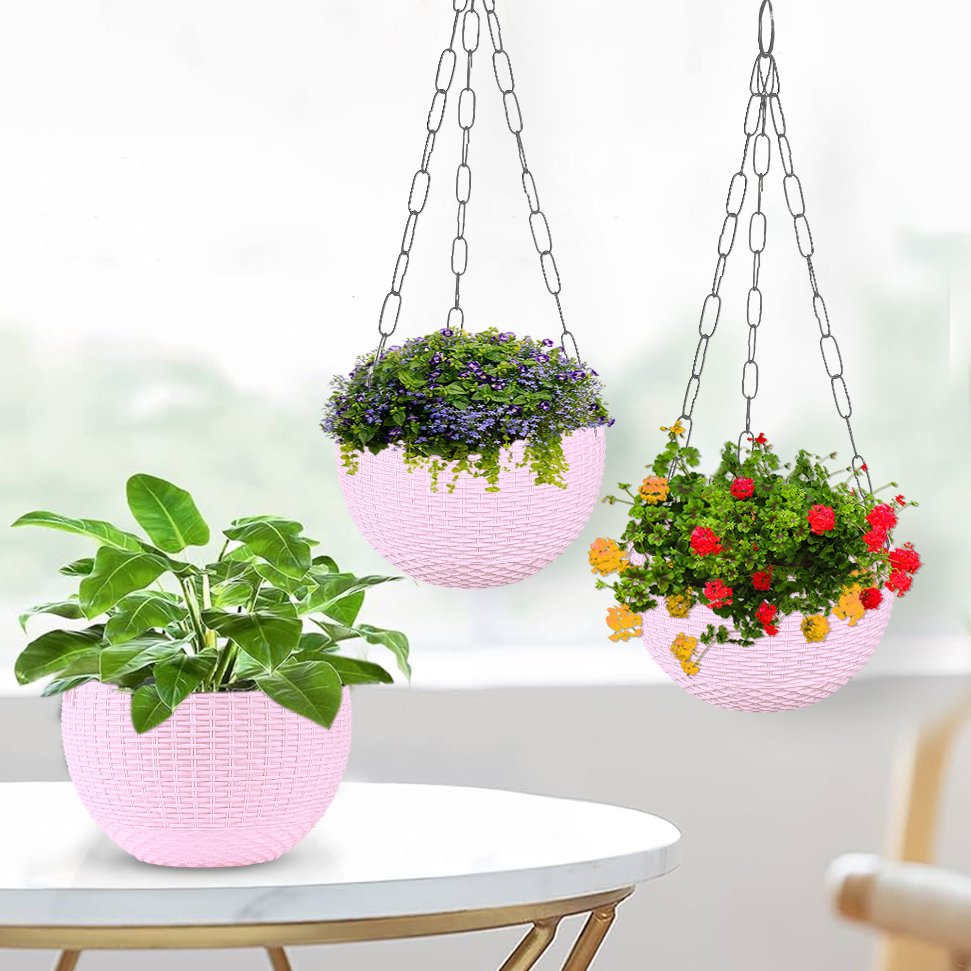 Kuber Industries Hanging Flower Pot  | Hanging Flower Pot for Living Room | Hanging Pot for Home-Lawns & Gardening | Flower Planter for Balcony | Marble Euro | 7 Inch | Pink
