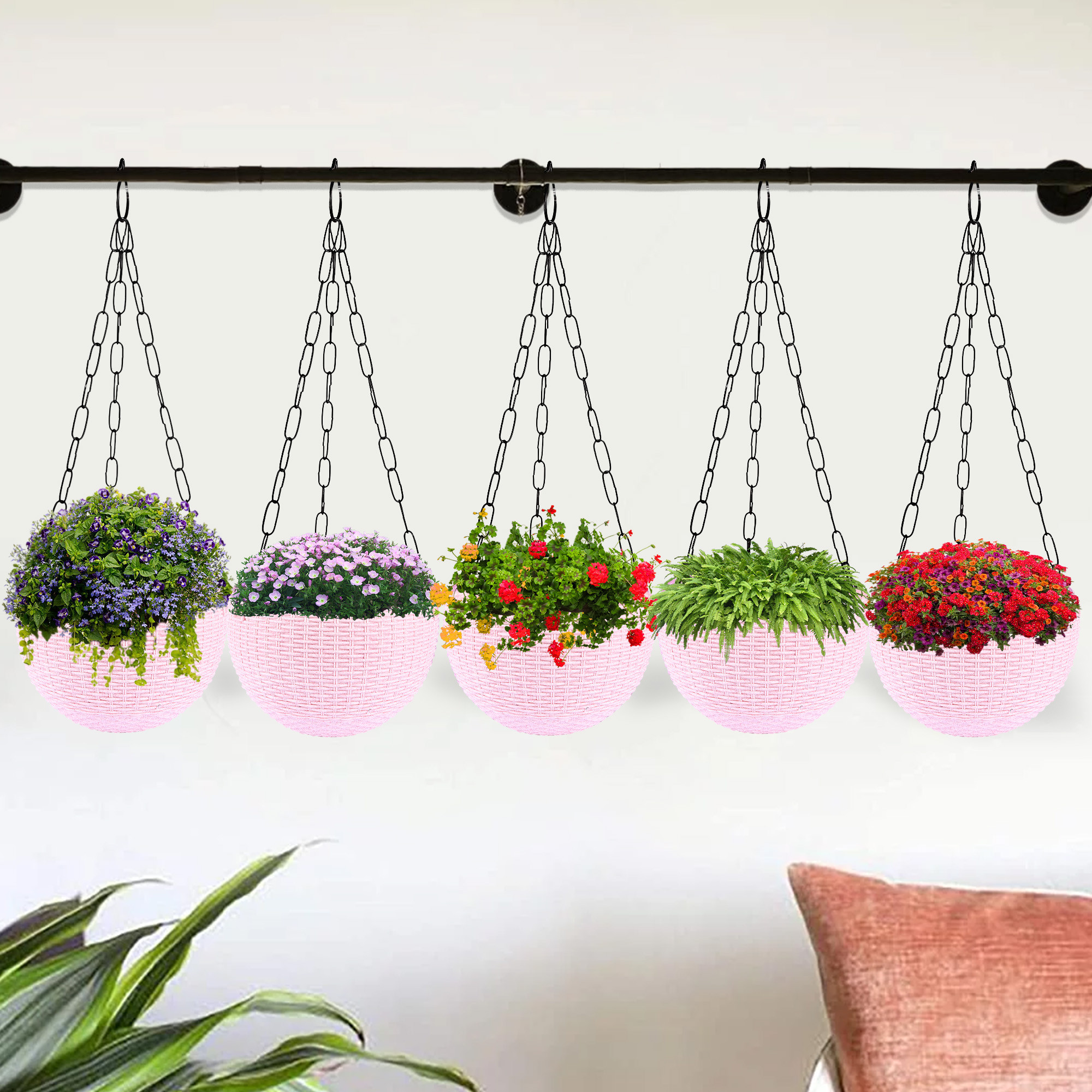 Kuber Industries Hanging Flower Pot  | Hanging Flower Pot for Living Room | Hanging Pot for Home-Lawns & Gardening | Flower Planter for Balcony | Marble Euro | 7 Inch | Pink