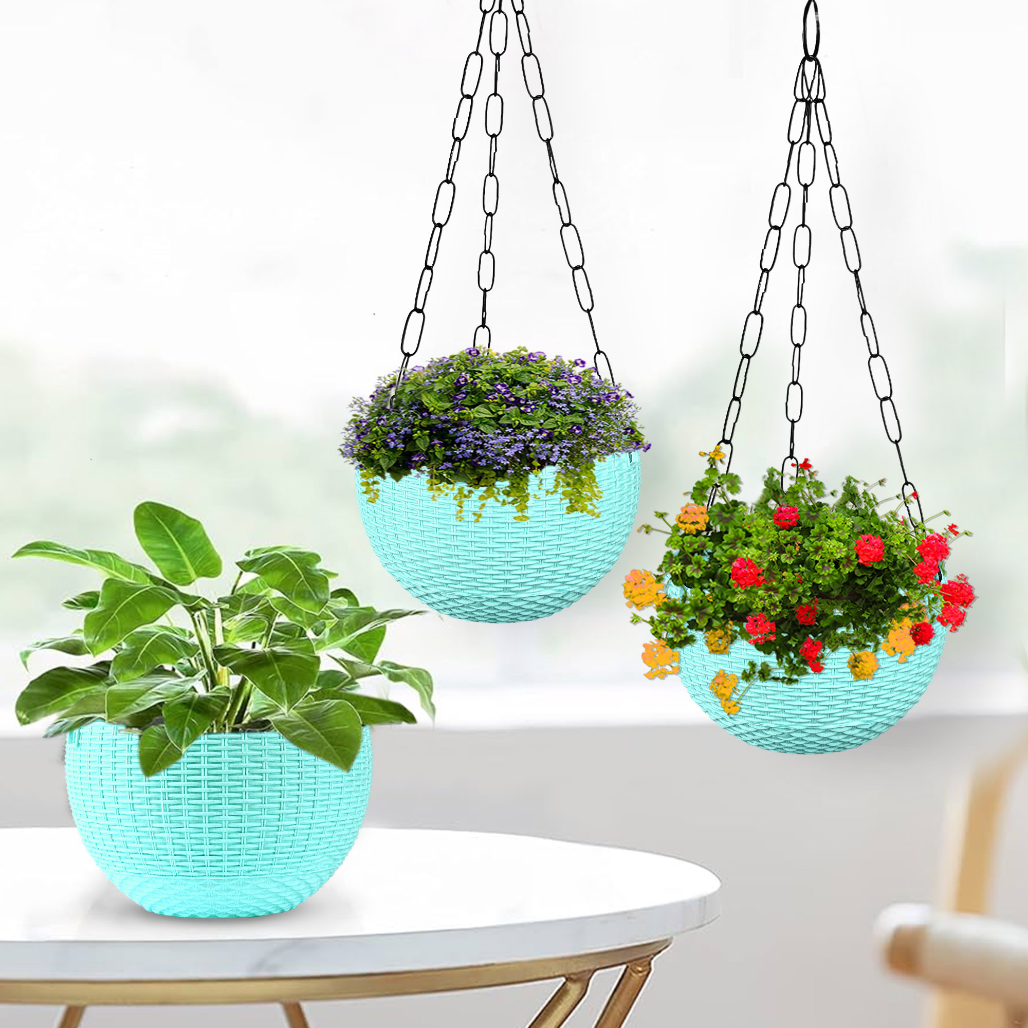 Kuber Industries Hanging Flower Pot  | Hanging Flower Pot for Living Room | Hanging Pot for Home-Lawns & Gardening | Flower Planter for Balcony | Marble Euro | 7 Inch | Mint Green