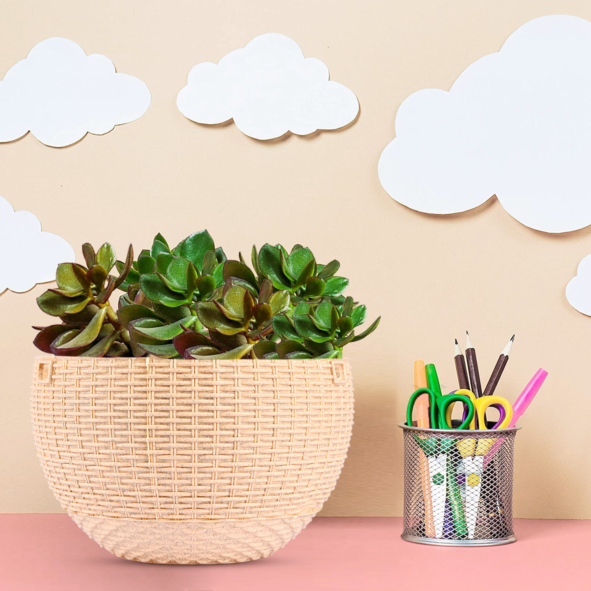 Kuber Industries Hanging Flower Pot  | Hanging Flower Pot for Living Room | Hanging Pot for Home-Lawns & Gardening | Flower Planter for Balcony | Marble Euro | 7 Inch | Blue & Beige