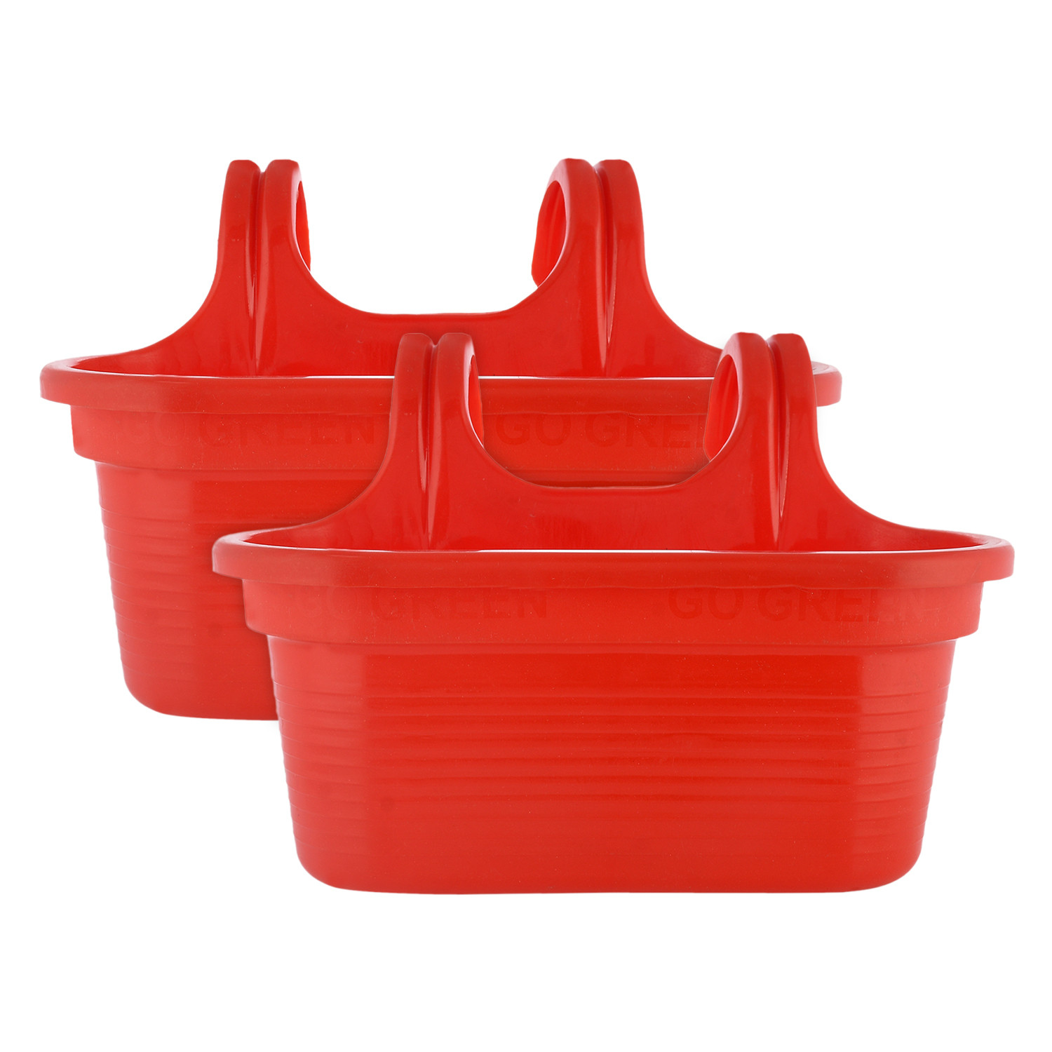 Kuber Industries Hanging Flower Pot|Double Hook Plant Container|Durable Plastic Glossy Finish Pots for Home|Balcony|Garden|12 Inch (Red)