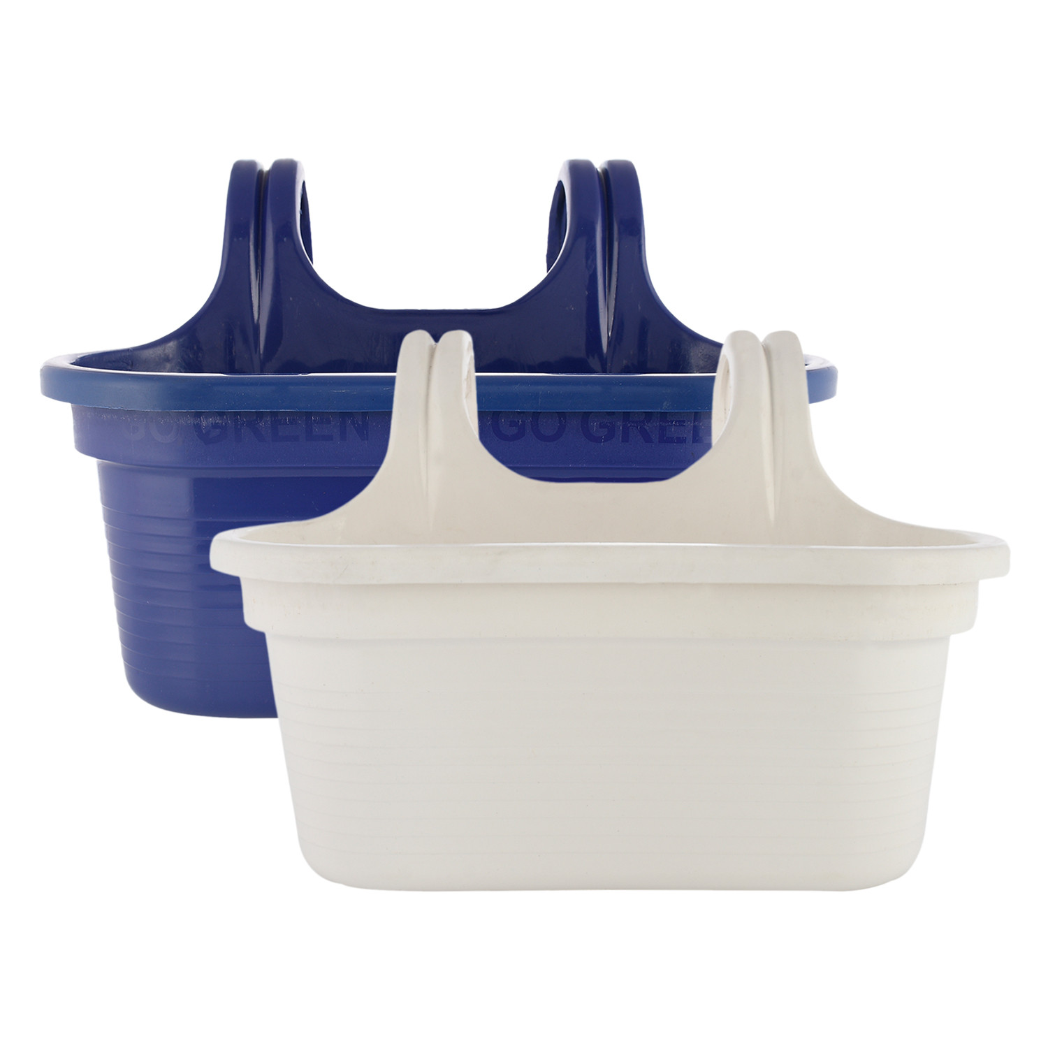 Kuber Industries Hanging Flower Pot|Double Hook Plant Container|Durable Plastic Glossy Finish Pots for Home|Balcony|Garden|12 Inch|Pack of 2 (White & Blue)