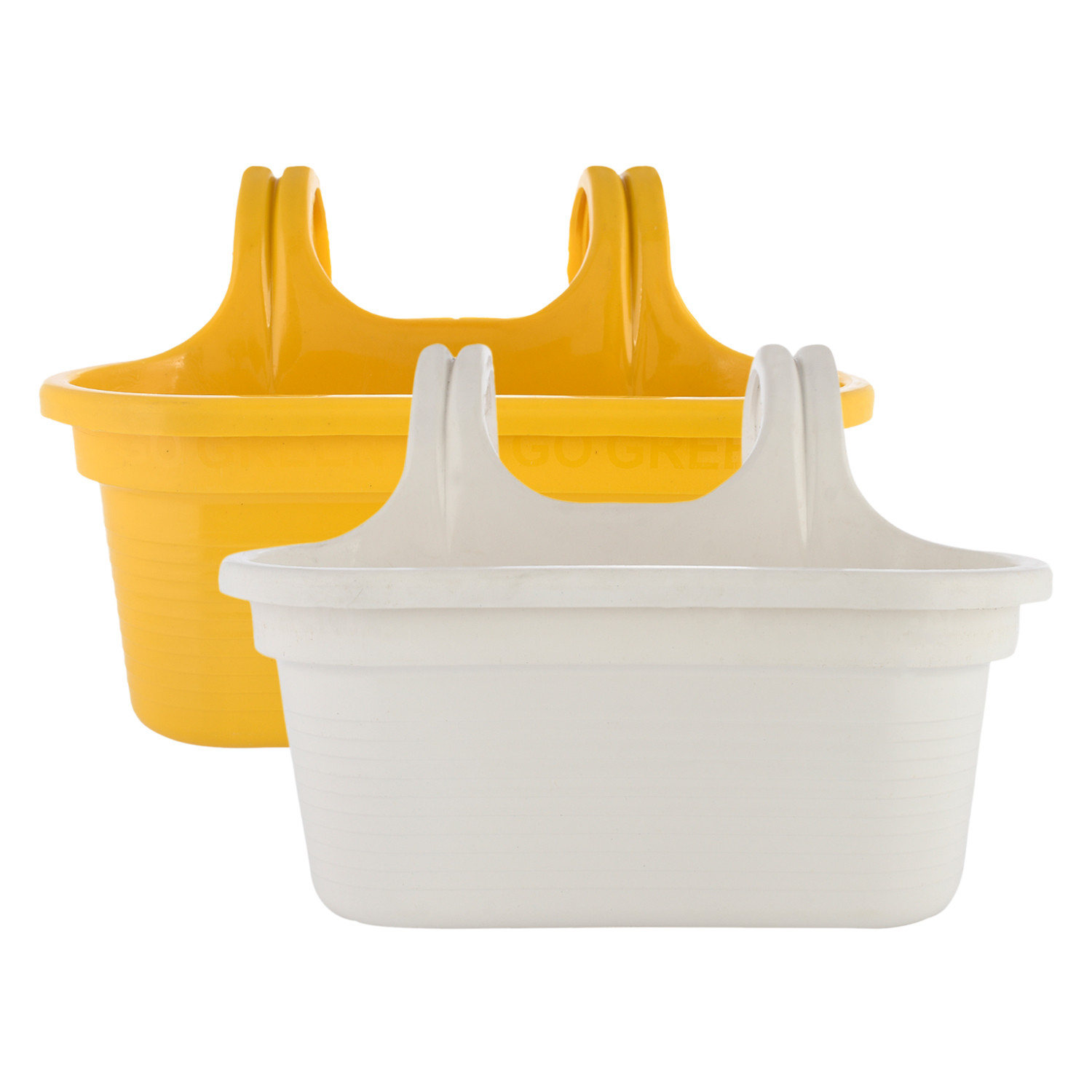 Kuber Industries Hanging Flower Pot|Double Hook Plant Container|Durable Plastic Glossy Finish Pots for Home|Balcony|Garden|12 Inch|Pack of 2 (White & Yellow)