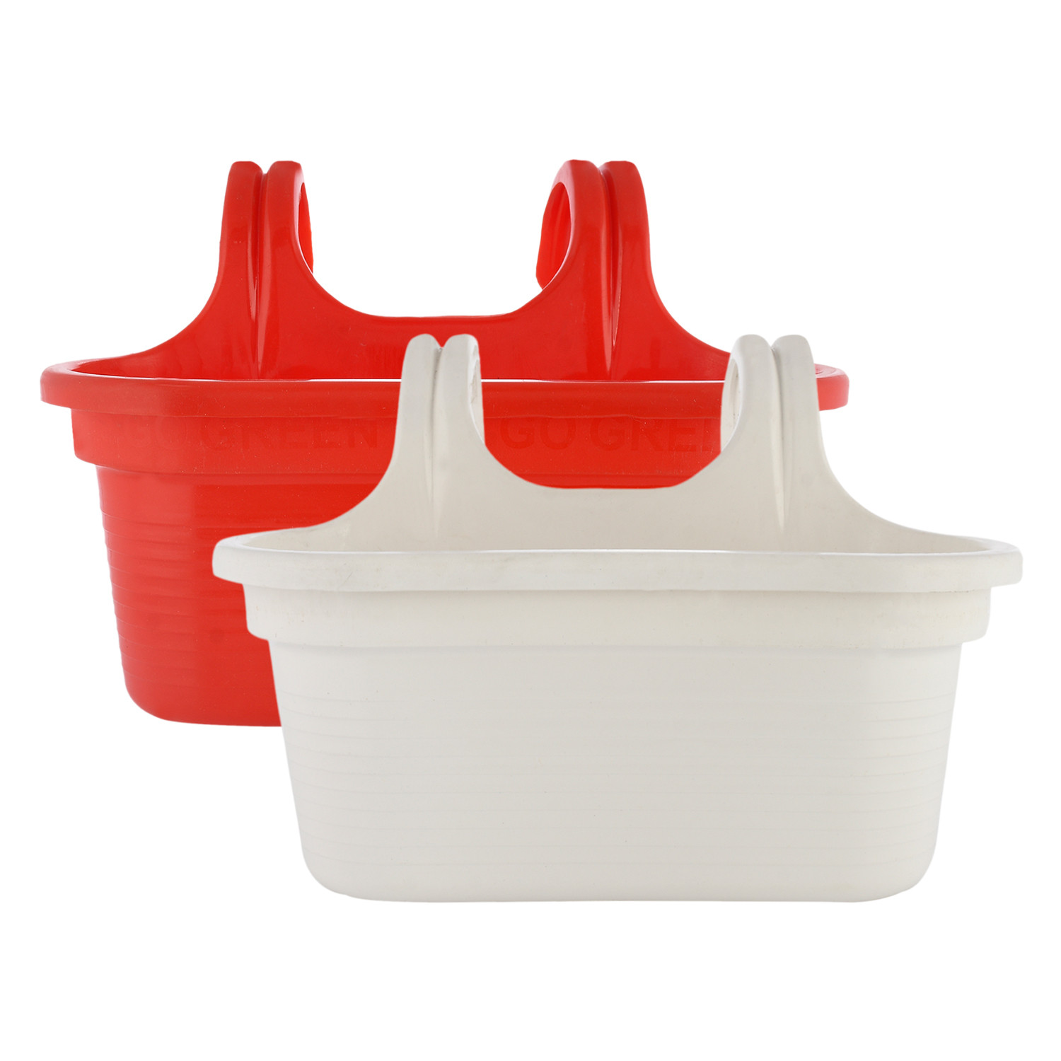 Kuber Industries Hanging Flower Pot|Double Hook Plant Container|Durable Plastic Glossy Finish Pots for Home|Balcony|Garden|12 Inch|Pack of 2 (White & Red)