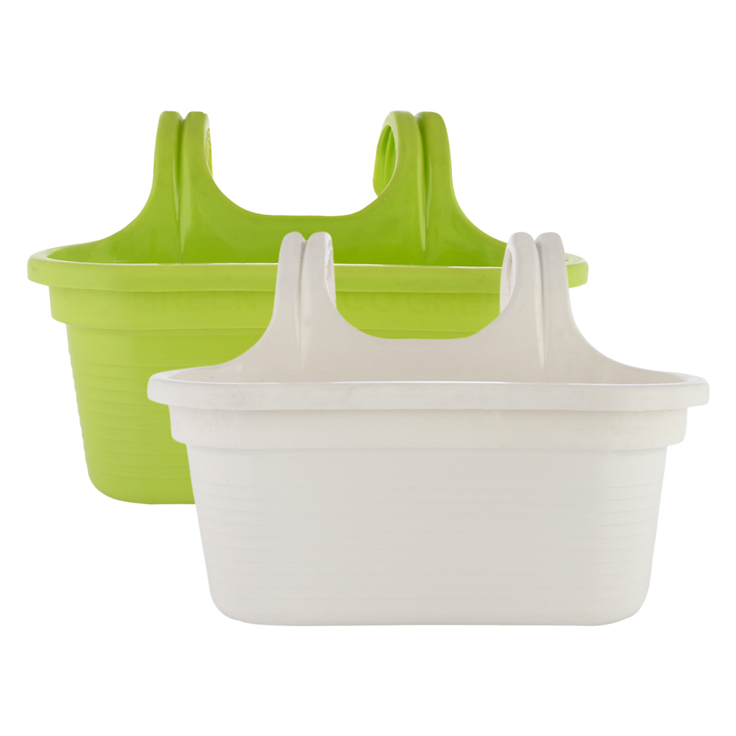 Kuber Industries Hanging Flower Pot|Double Hook Plant Container|Durable Plastic Glossy Finish Pots for Home|Balcony|Garden|12 Inch|Pack of 2 (White & Green)