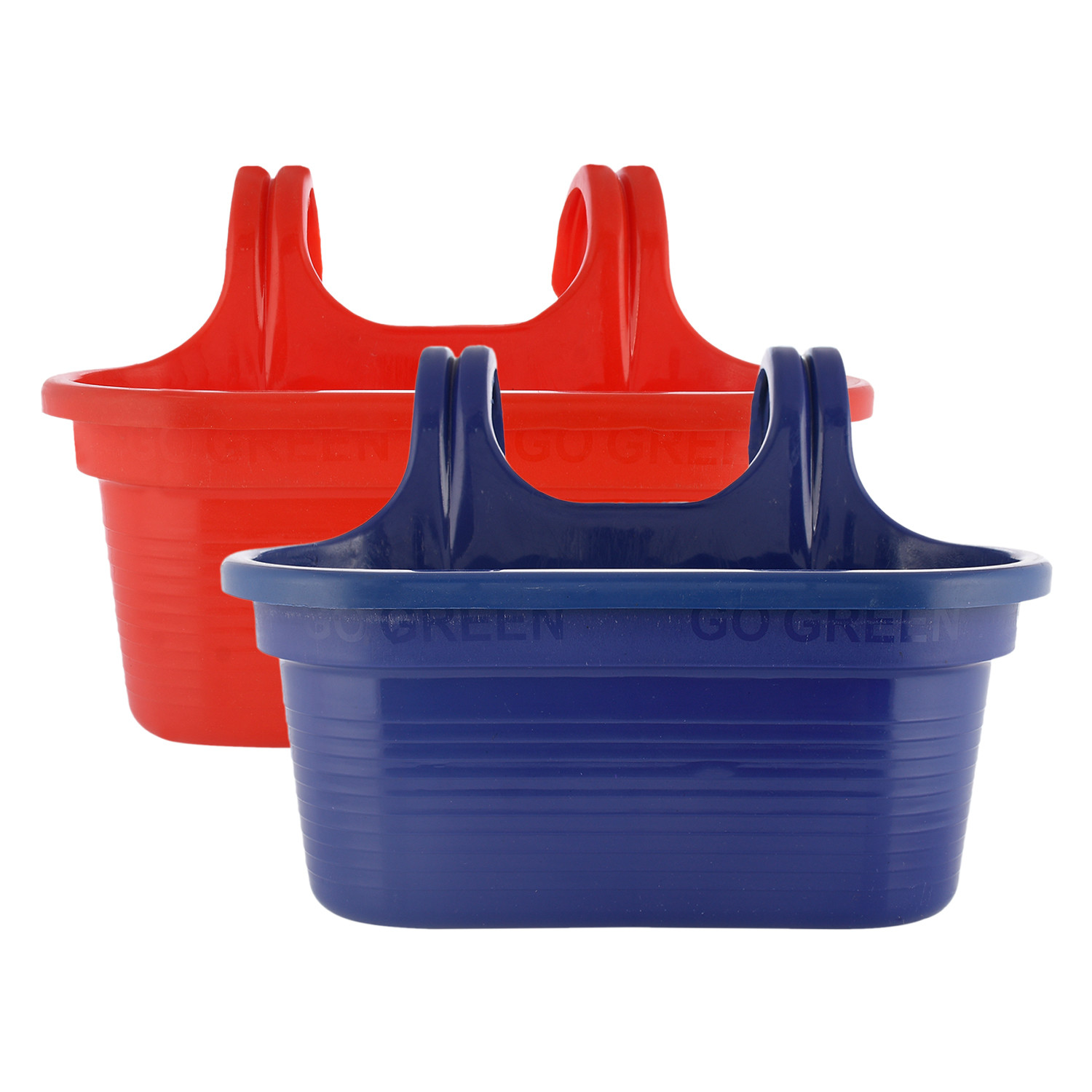 Kuber Industries Hanging Flower Pot|Double Hook Plant Container|Durable Plastic Glossy Finish Pots for Home|Balcony|Garden|12 Inch|Pack of 2 (Blue & Red)