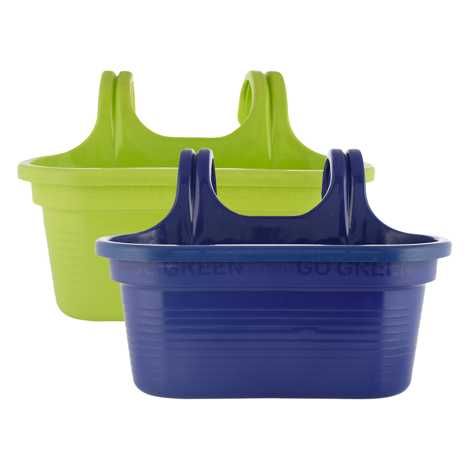 Kuber Industries Hanging Flower Pot|Double Hook Plant Container|Durable Plastic Glossy Finish Pots for Home|Balcony|Garden|12 Inch|Pack of 2 (Blue & Green)