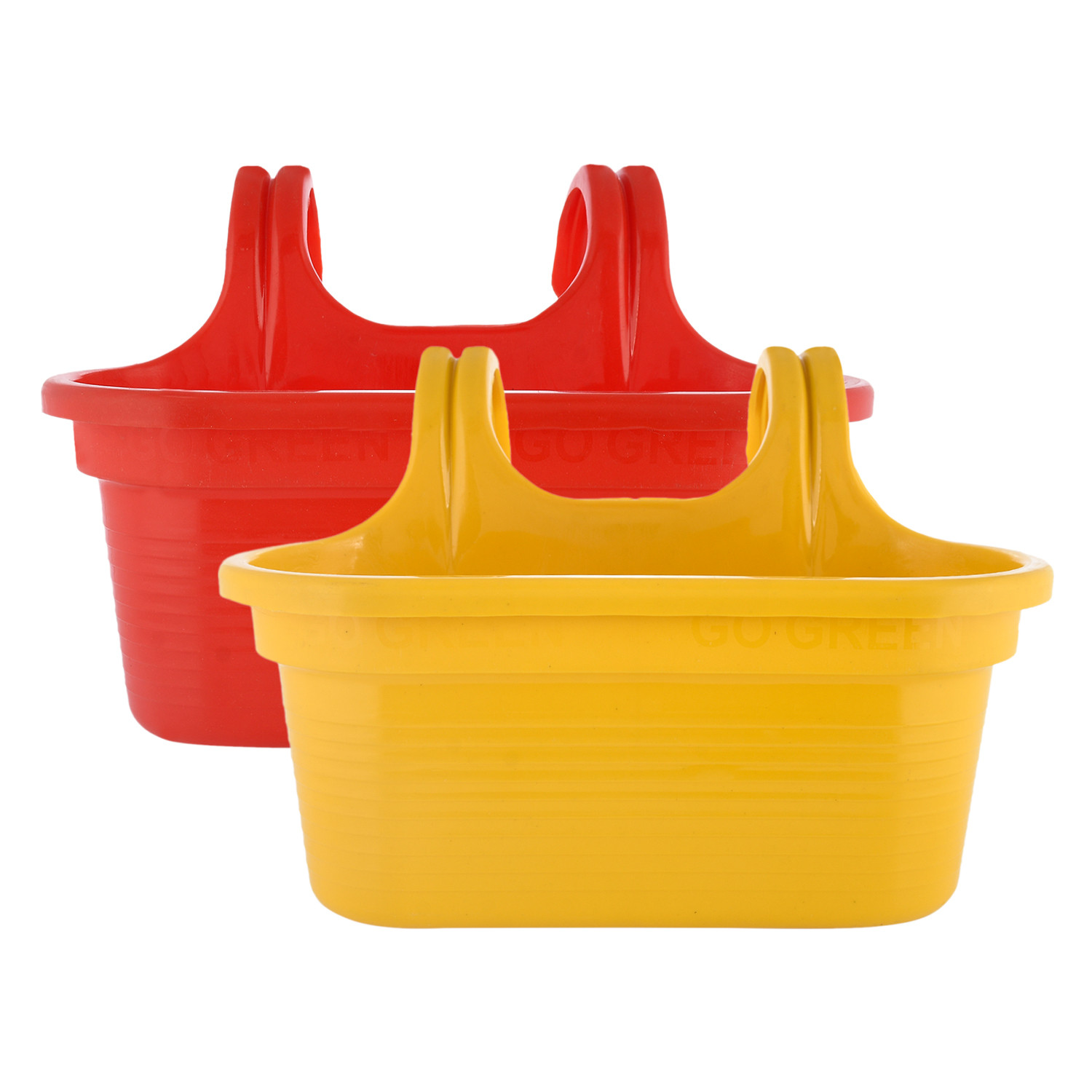 Kuber Industries Hanging Flower Pot|Double Hook Plant Container|Durable Plastic Glossy Finish Pots for Home|Balcony|Garden|12 Inch|Pack of 2 (Yellow & Red)