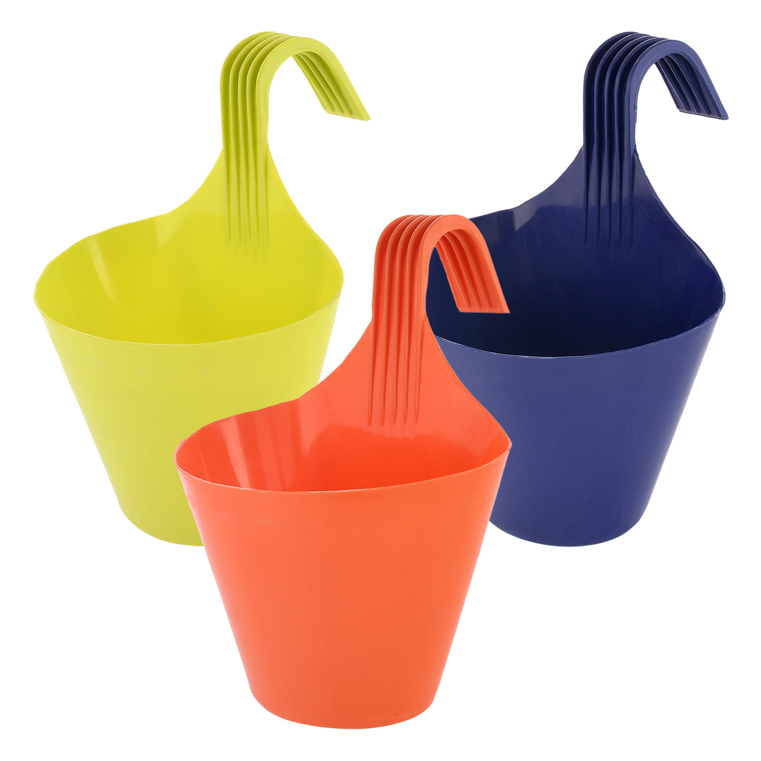 Kuber Industries Hanging Flower Pot|Single Hook Plant Container|Durable Plastic Glossy Finish Pots for Home|Balcony|Garden|9 Inch|Pack of 3 (Multicolor)