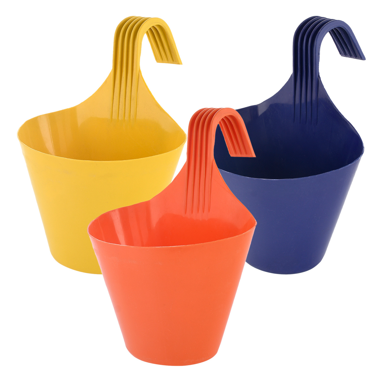 Kuber Industries Hanging Flower Pot|Single Hook Plant Container|Durable Plastic Glossy Finish Pots for Home|Balcony|Garden|9 Inch|Pack of 3 (Multicolor)