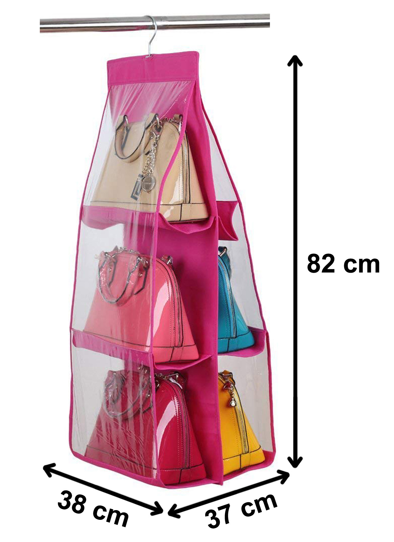 Kuber Industries Hanging Handbag Organizer Dust-Proof Storage Holder Bag Wardrobe Closet for Purse Clutch Handbag with 6 Large Compartments & Hanger (Pink)-HS_38_KUBMART21109