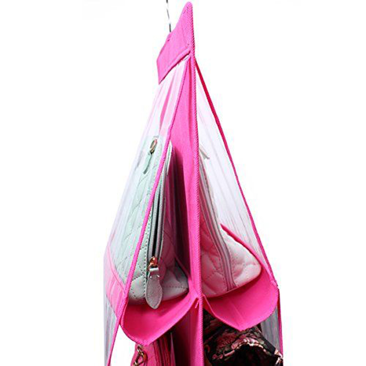 Kuber Industries Hanging Handbag Organizer Dust-Proof Storage Holder Bag Wardrobe Closet for Purse Clutch Handbag with 6 Large Compartments & Hanger (Pink)-HS_38_KUBMART21109
