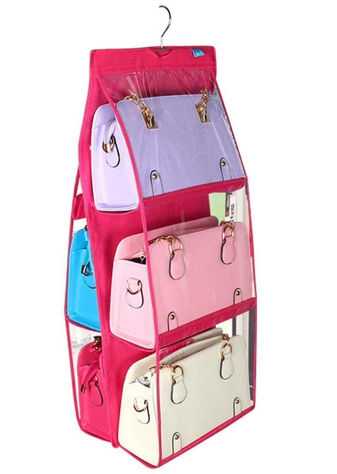Kuber Industries Hanging Handbag Organizer Dust-Proof Storage Holder Bag Wardrobe Closet for Purse Clutch Handbag with 6 Large Compartments & Hanger (Pink)-HS_38_KUBMART21109