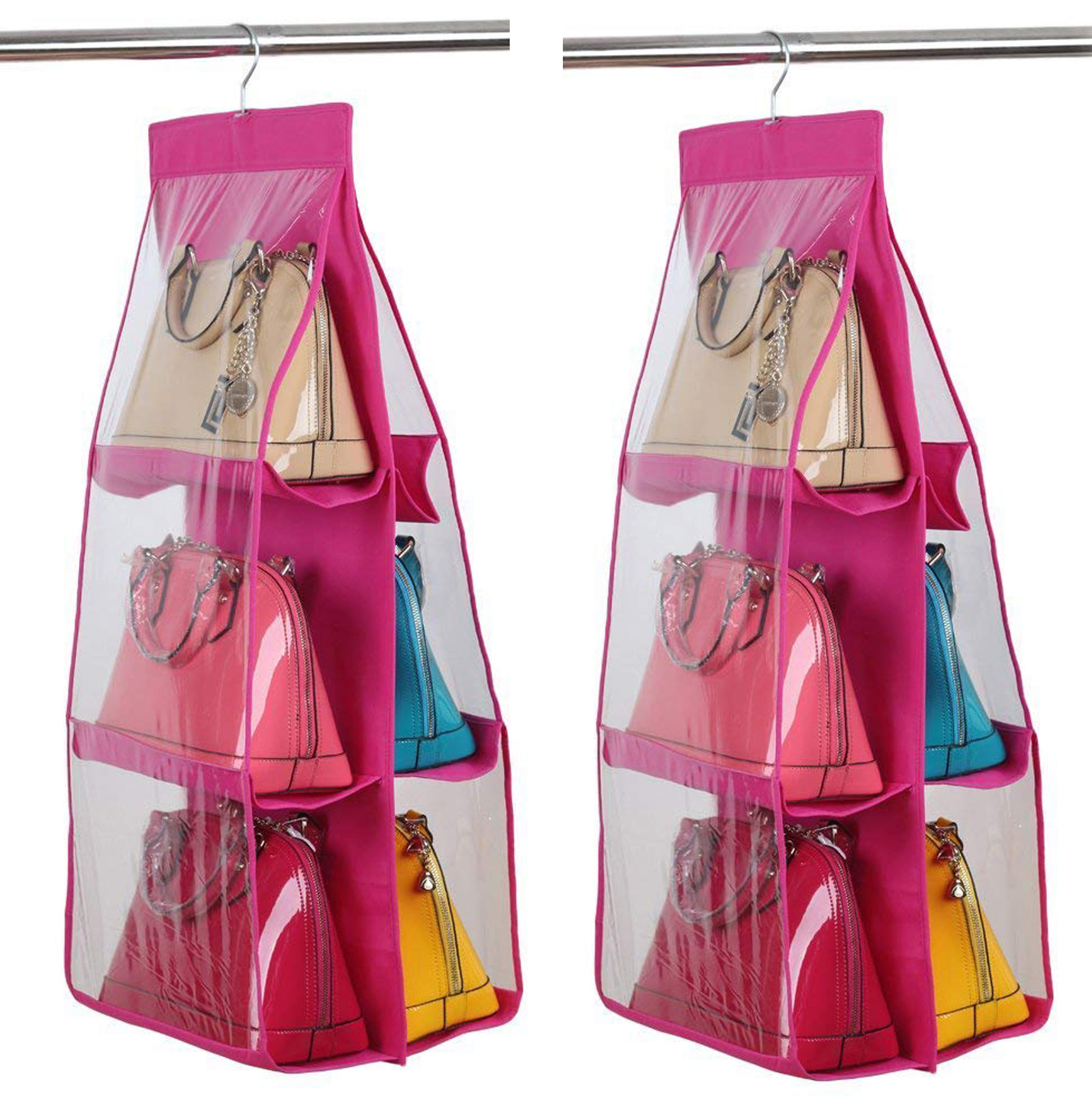 Kuber Industries Hanging Handbag Organizer Dust-Proof Storage Holder Bag Wardrobe Closet for Purse Clutch Handbag with 6 Large Compartments & Hanger (Pink)-HS_38_KUBMART21109