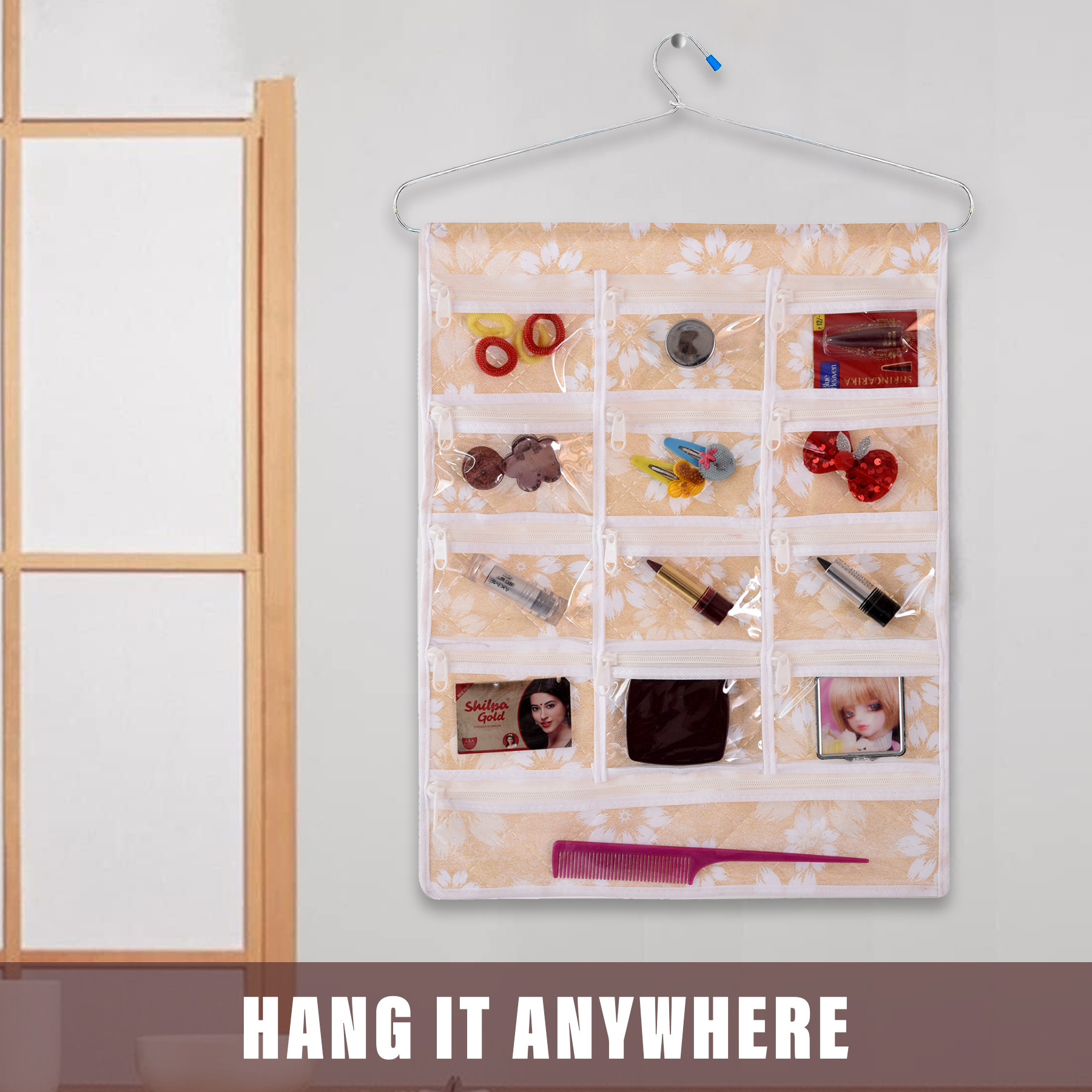 Kuber Industries Hanging Makeup Organizer  Waterproof Wall Hanging Organizer  13 Pocket Jewellery Organizer  Cosmetic Organizer with Hanger  Flower Quilted  Golden