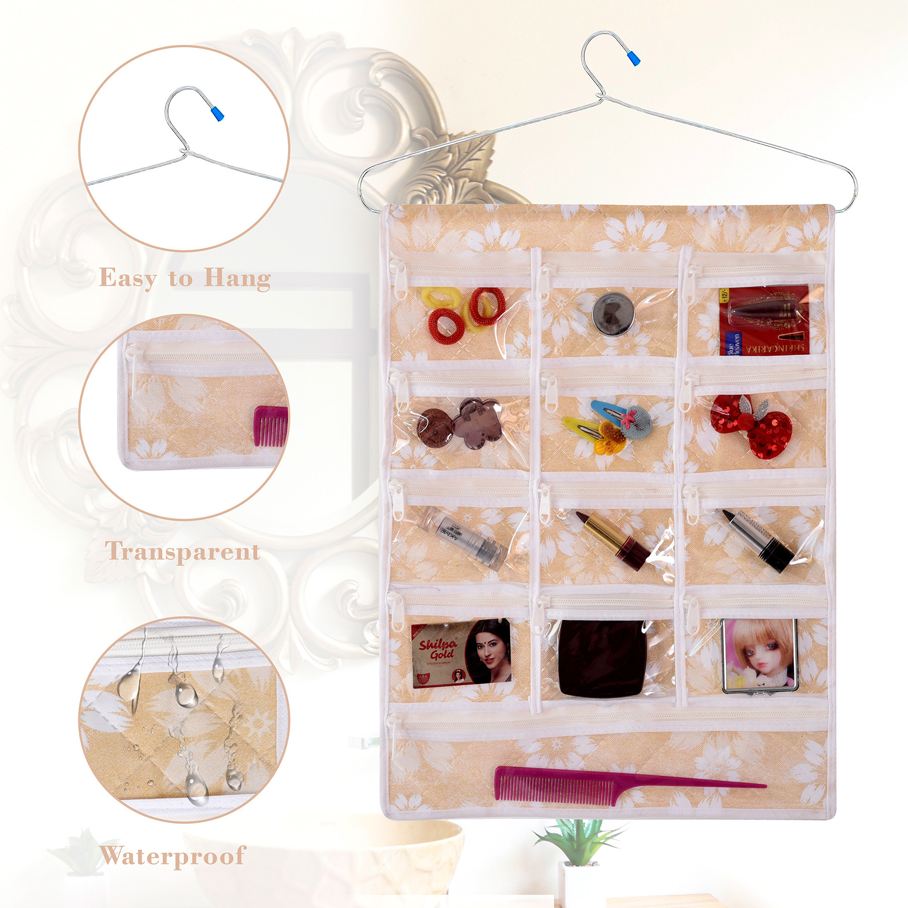 Kuber Industries Hanging Makeup Organizer  Waterproof Wall Hanging Organizer  13 Pocket Jewellery Organizer  Cosmetic Organizer with Hanger  Flower Quilted  Golden