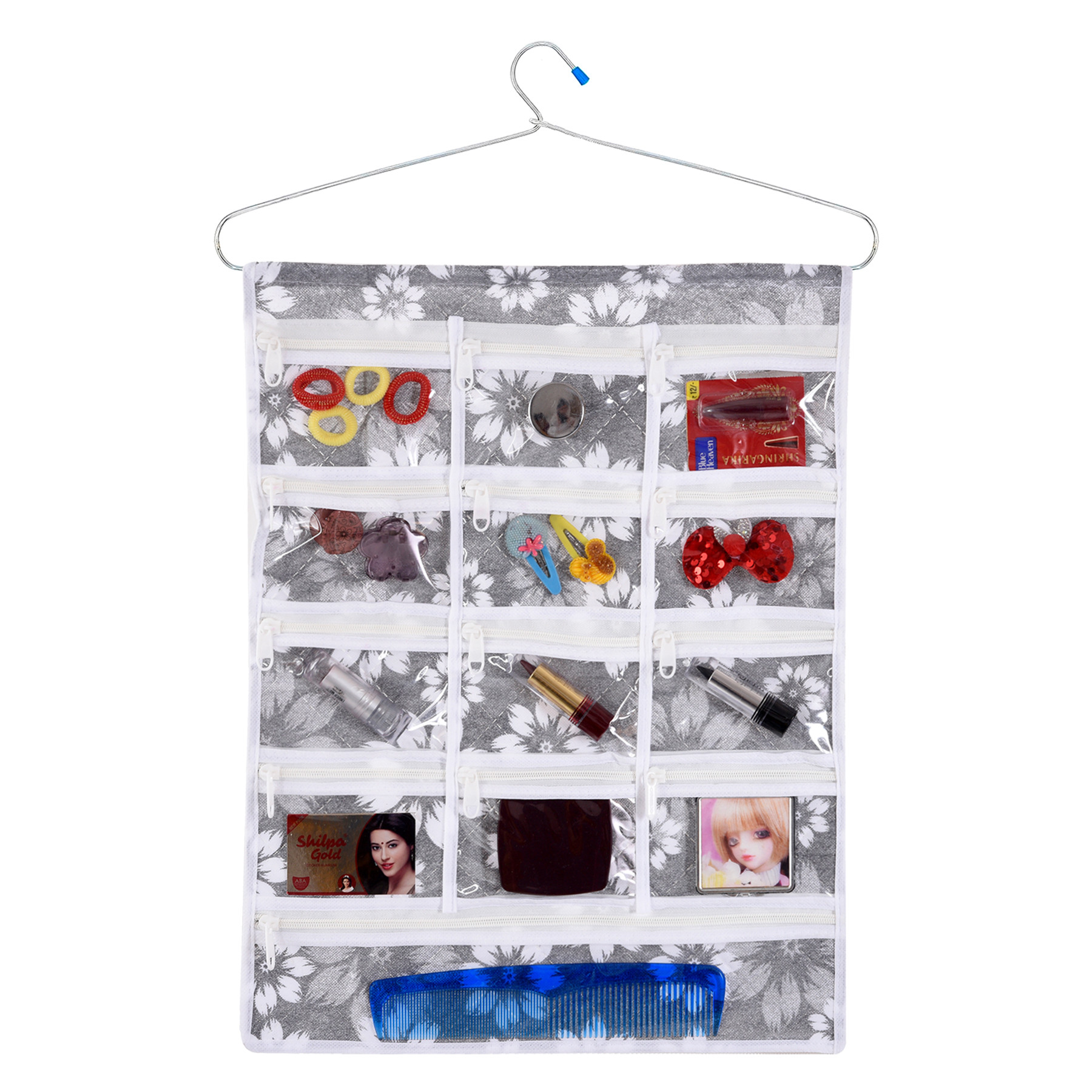 Kuber Industries Hanging Makeup Organizer | Waterproof Wall Hanging Organizer | 13 Pocket Jewellery Organizer | Cosmetic Organizer with Hanger | Flower Quilted | Gray