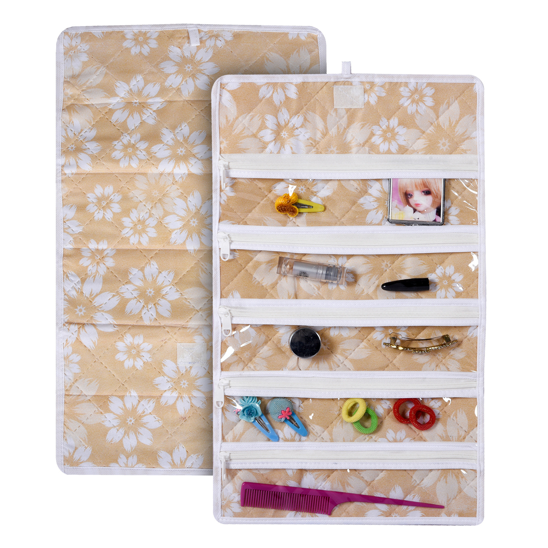 Kuber Industries Hanging Makeup Organizer  Waterproof Watches Organizer  5 Pocket Jewellery Organizer  Cosmetic Organizer with Velcro  Foldable Payal Kit  Flower Quilted  Golden