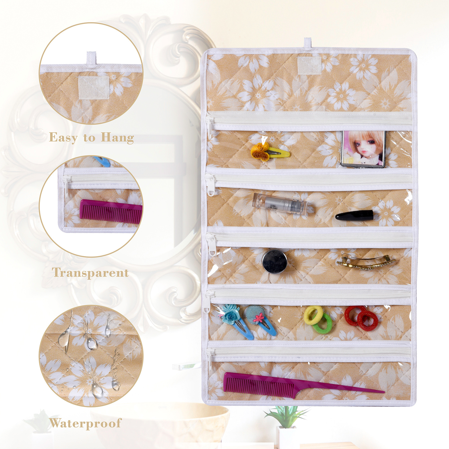 Kuber Industries Hanging Makeup Organizer  Waterproof Watches Organizer  5 Pocket Jewellery Organizer  Cosmetic Organizer with Velcro  Foldable Payal Kit  Flower Quilted  Golden