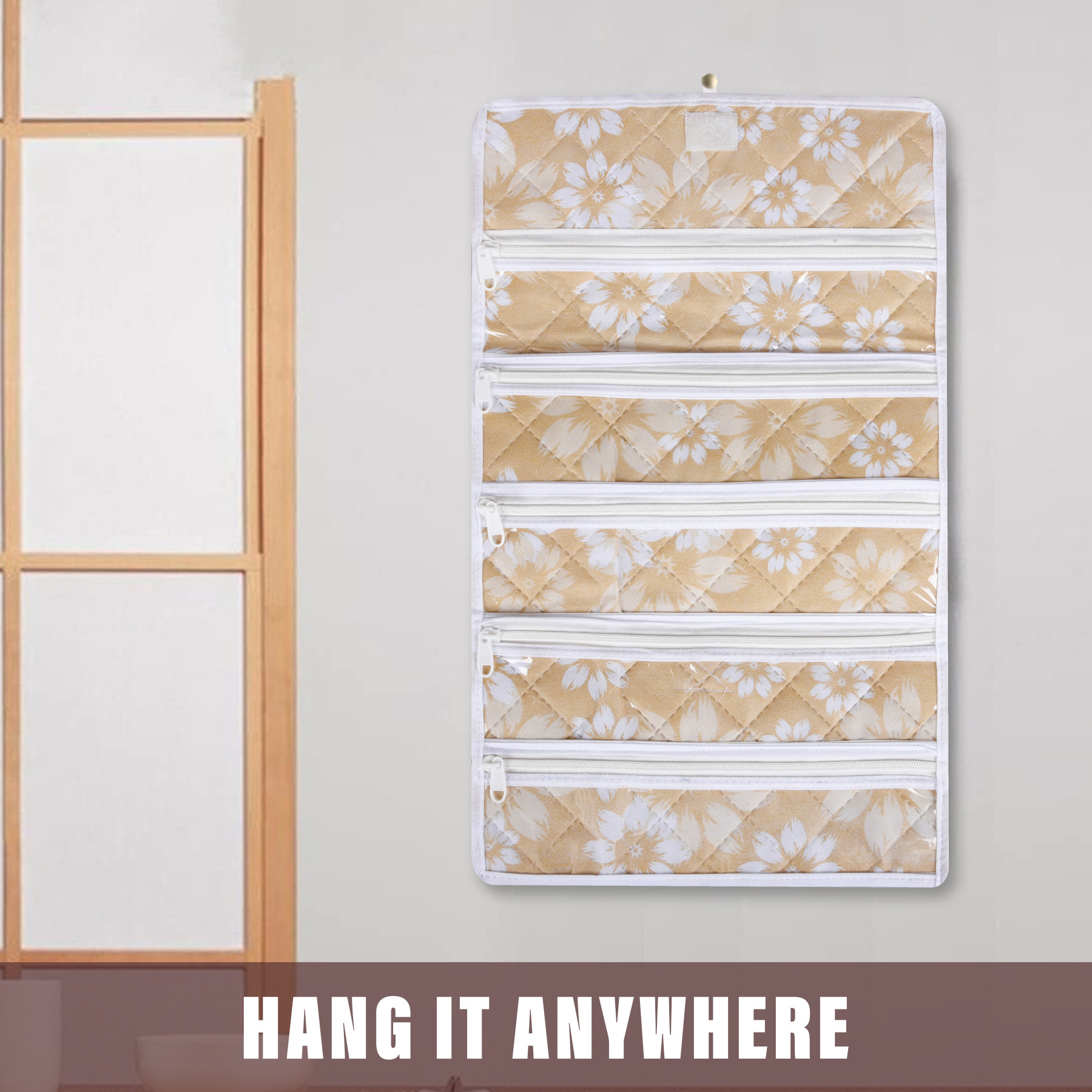 Kuber Industries Hanging Makeup Organizer  Waterproof Watches Organizer  5 Pocket Jewellery Organizer  Cosmetic Organizer with Velcro  Foldable Payal Kit  Flower Quilted  Golden