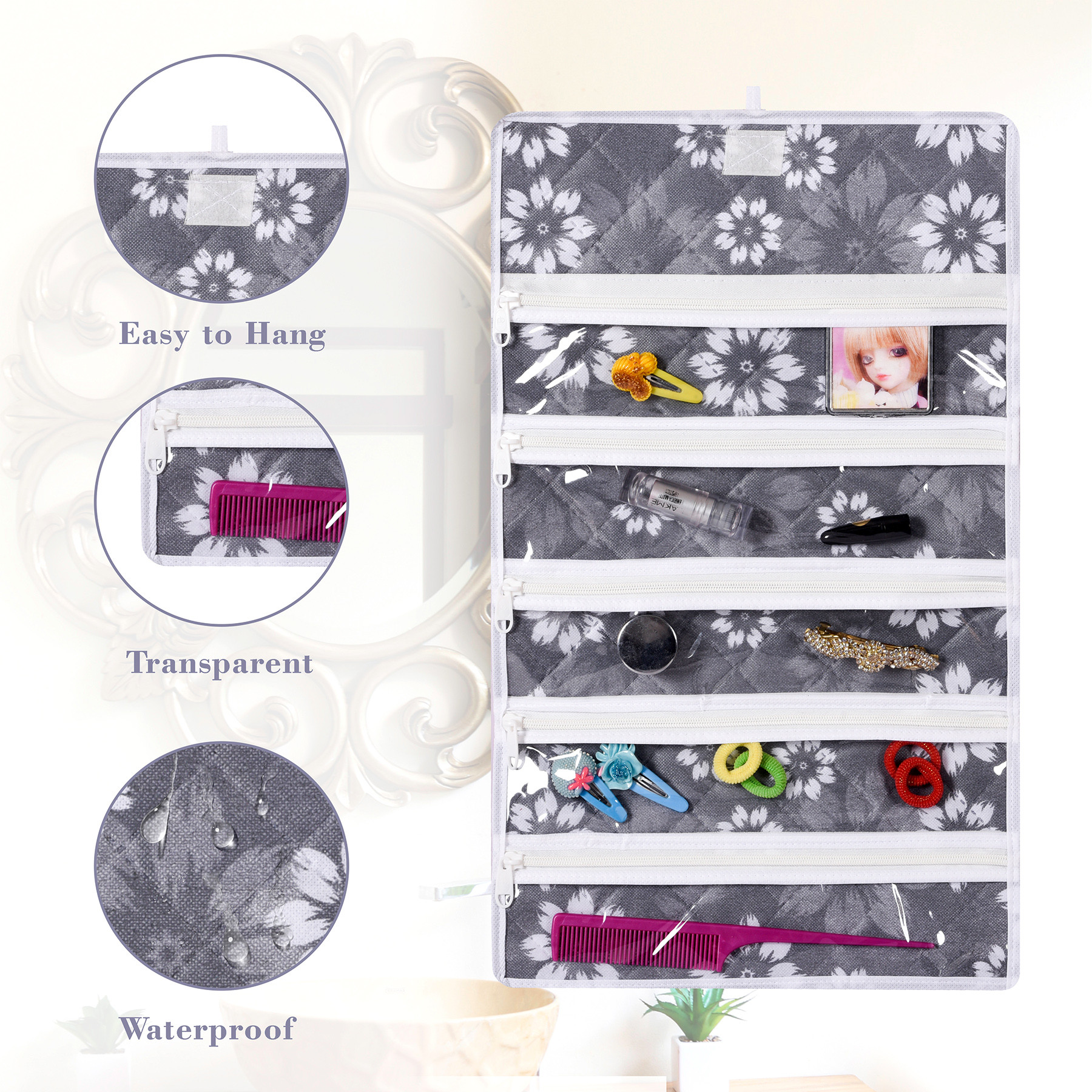 Kuber Industries Hanging Makeup Organizer  Waterproof Watches Organizer  5 Pocket Jewellery Organizer  Cosmetic Organizer with Velcro  Foldable Payal Kit  Flower Quilted  Gray