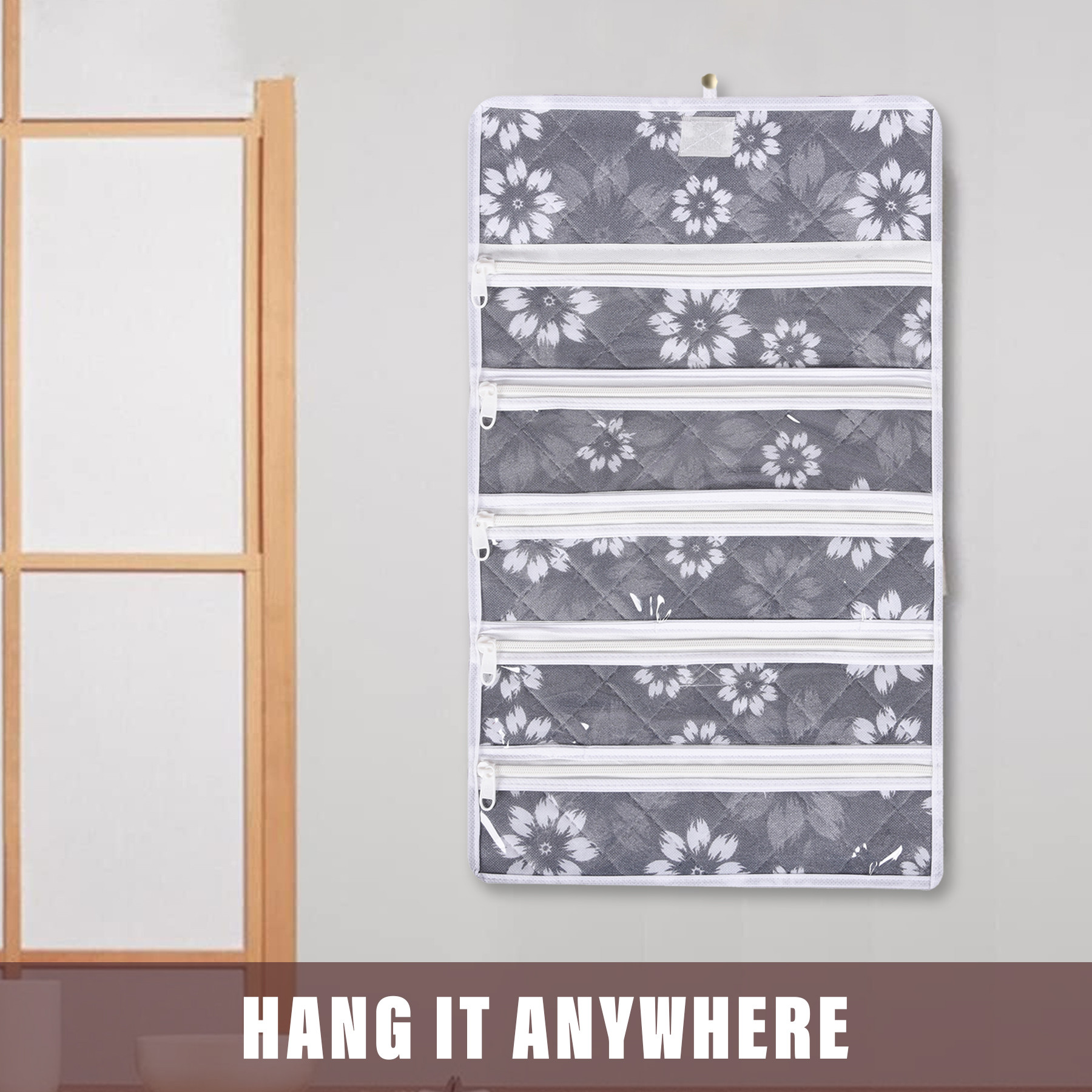 Kuber Industries Hanging Makeup Organizer  Waterproof Watches Organizer  5 Pocket Jewellery Organizer  Cosmetic Organizer with Velcro  Foldable Payal Kit  Flower Quilted  Gray