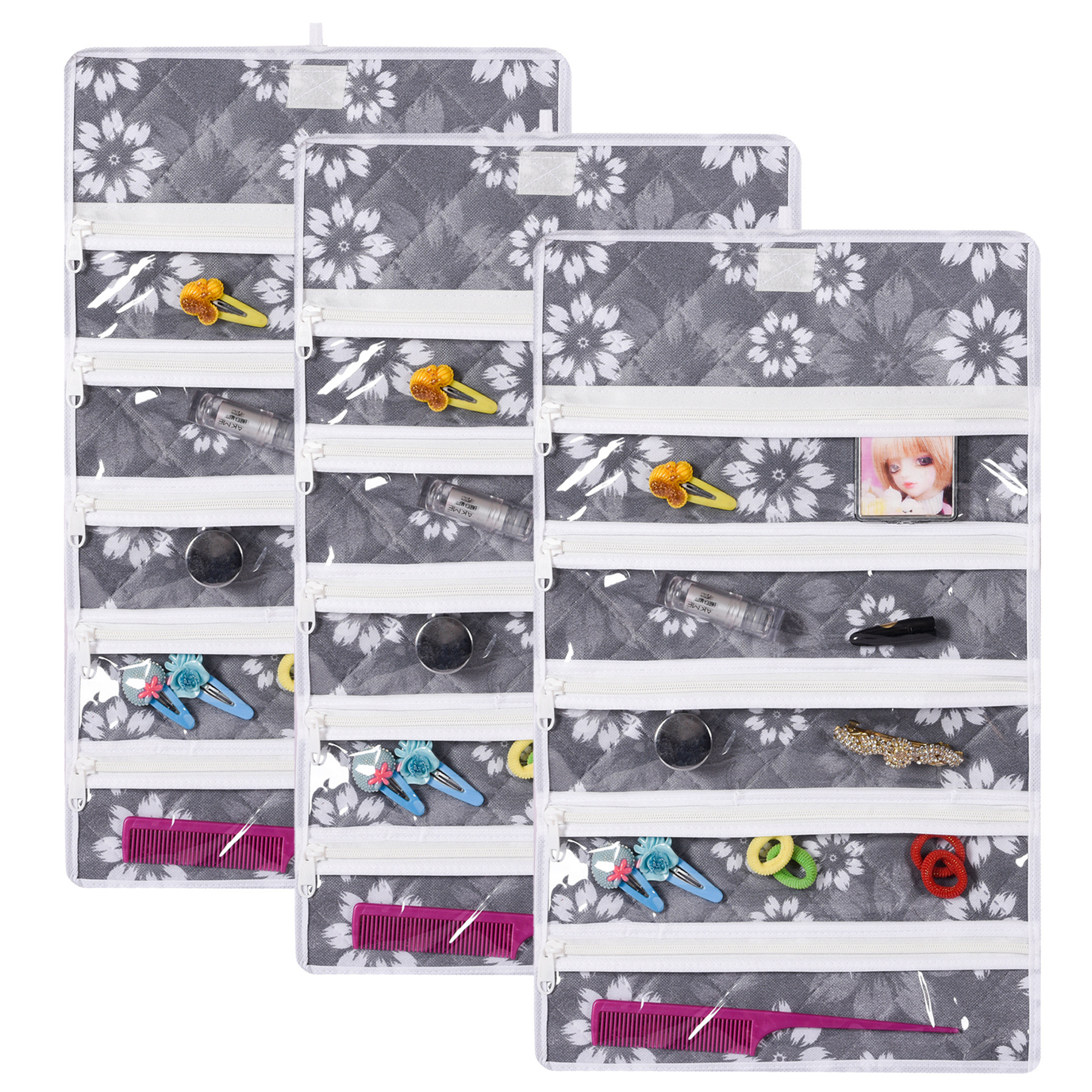 Kuber Industries Hanging Makeup Organizer | Waterproof Watches Organizer | 5 Pocket Jewellery Organizer | Cosmetic Organizer with Velcro | Foldable Payal Kit | Flower Quilted | Gray
