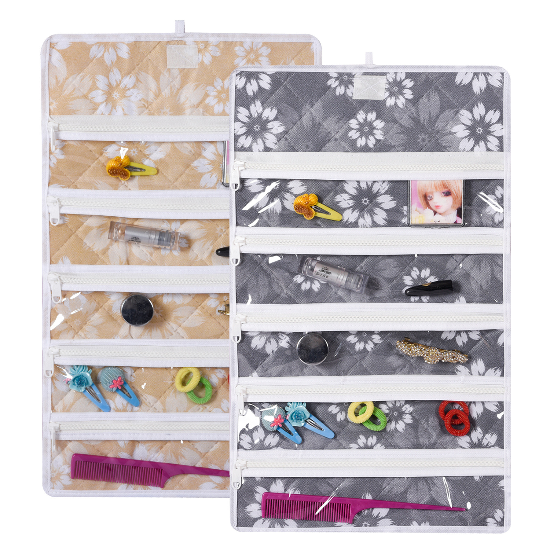 Kuber Industries Hanging Makeup Organizer | Waterproof Watches Organizer | 5 Pocket Jewellery Organizer | Cosmetic Organizer with Velcro | Foldable Payal Kit | Flower Quilted | Pack of 2 | Multi