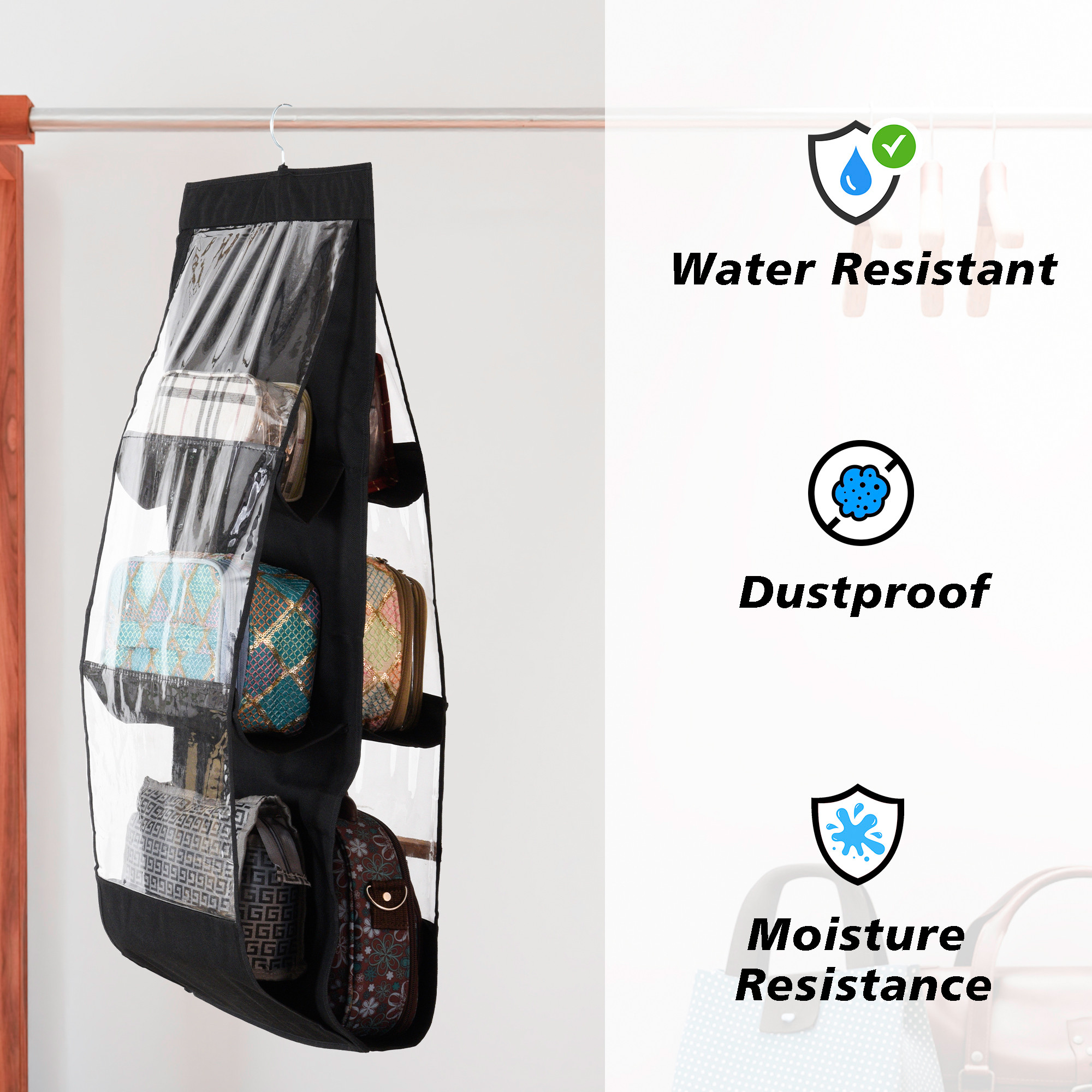 Kuber Industries Hanging Organizer  6 Pocket Storage Hanger  Handbag Organizer  Hanging Purse for Wardrobe  Transparent Clutch Organizer  Handbag Storage For Closet  Black