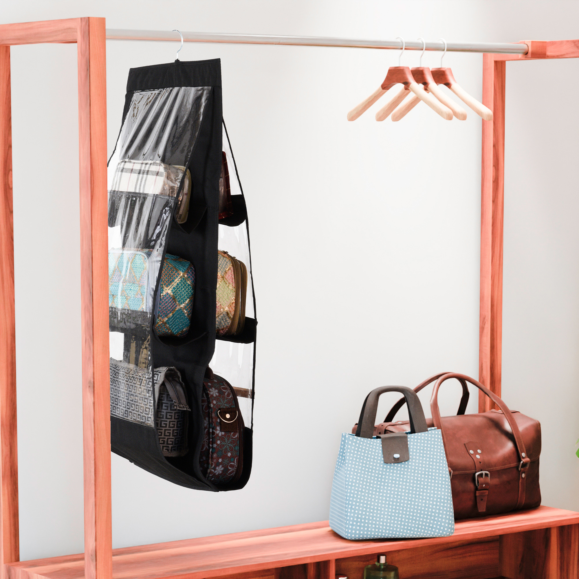 Kuber Industries Hanging Organizer  6 Pocket Storage Hanger  Handbag Organizer  Hanging Purse for Wardrobe  Transparent Clutch Organizer  Handbag Storage For Closet  Black