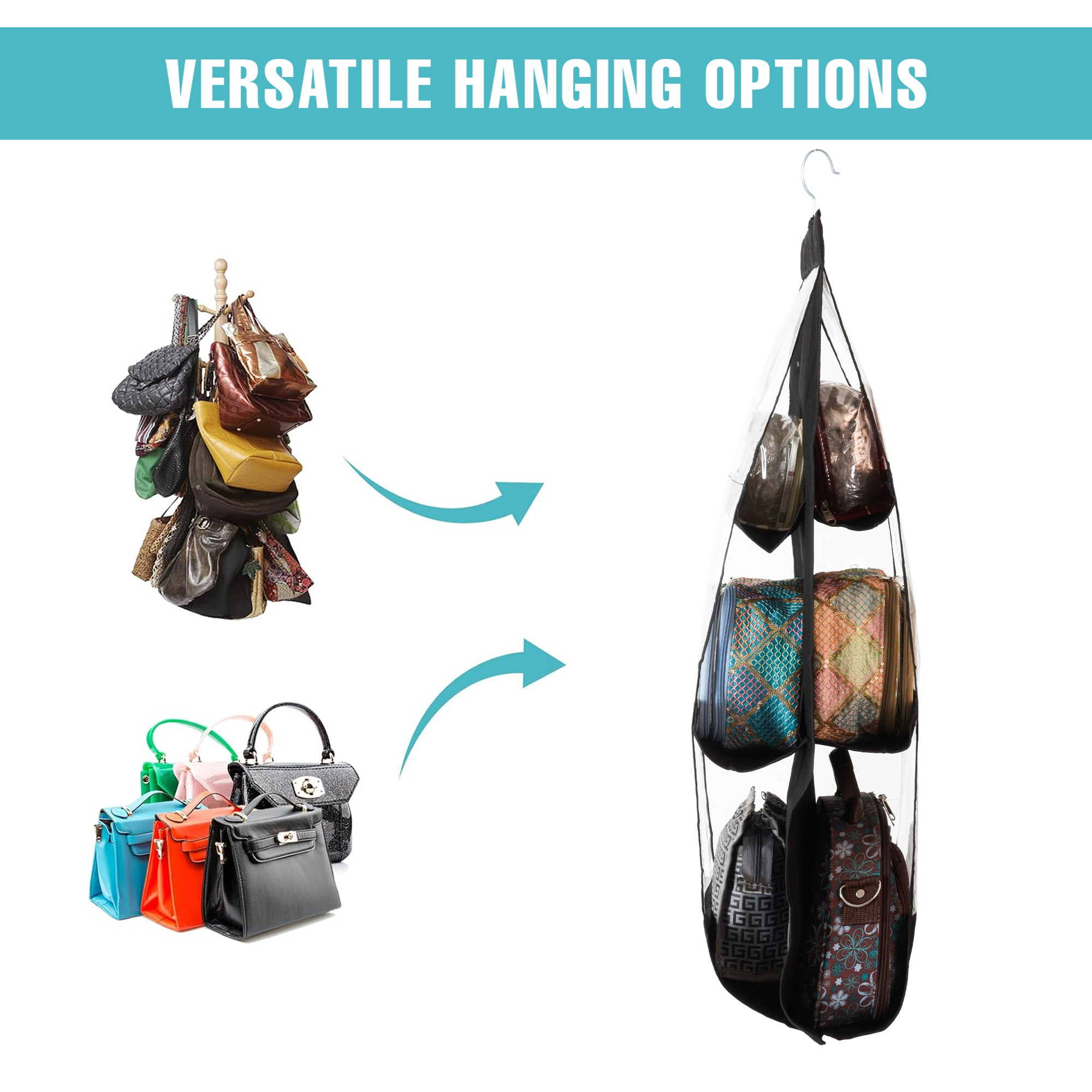 Kuber Industries Hanging Organizer  6 Pocket Storage Hanger  Handbag Organizer  Hanging Purse for Wardrobe  Transparent Clutch Organizer  Handbag Storage For Closet  Black
