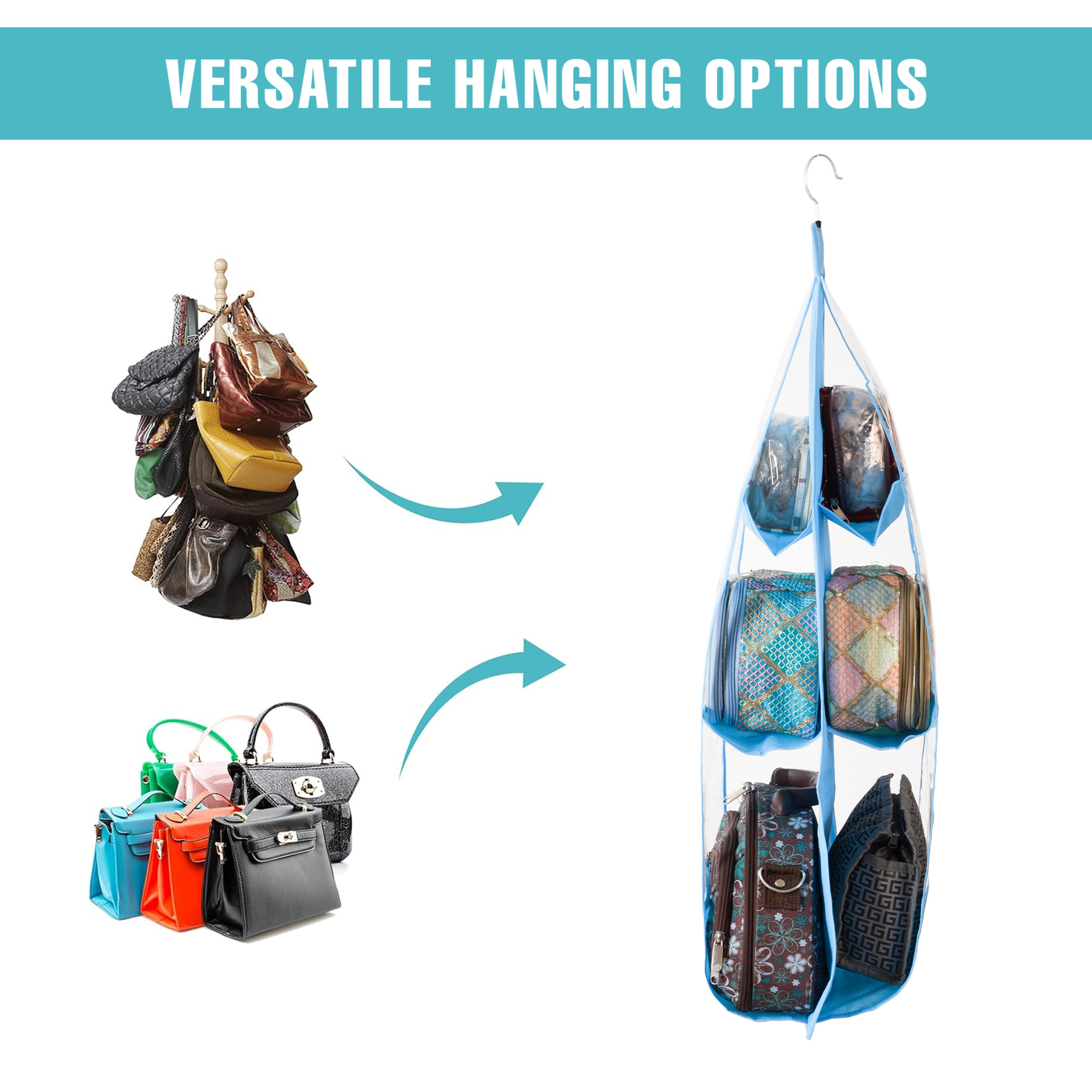 Kuber Industries Hanging Organizer  6 Pocket Storage Hanger  Handbag Organizer  Hanging Purse for Wardrobe  Transparent Clutch Organizer  Handbag Storage For Closet  Sky Blue