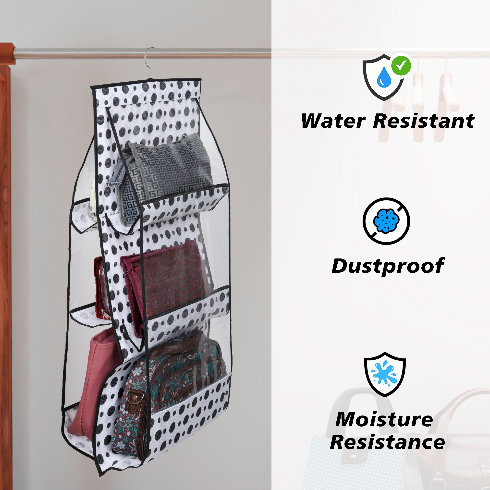 Kuber Industries Hanging Organizer  Handbag Organizer  Hanging Purse for Wardrobe  Transparent Clutch Organizer  Handbag Storage for Closet  Dot 6 Pocket Hanger  Black