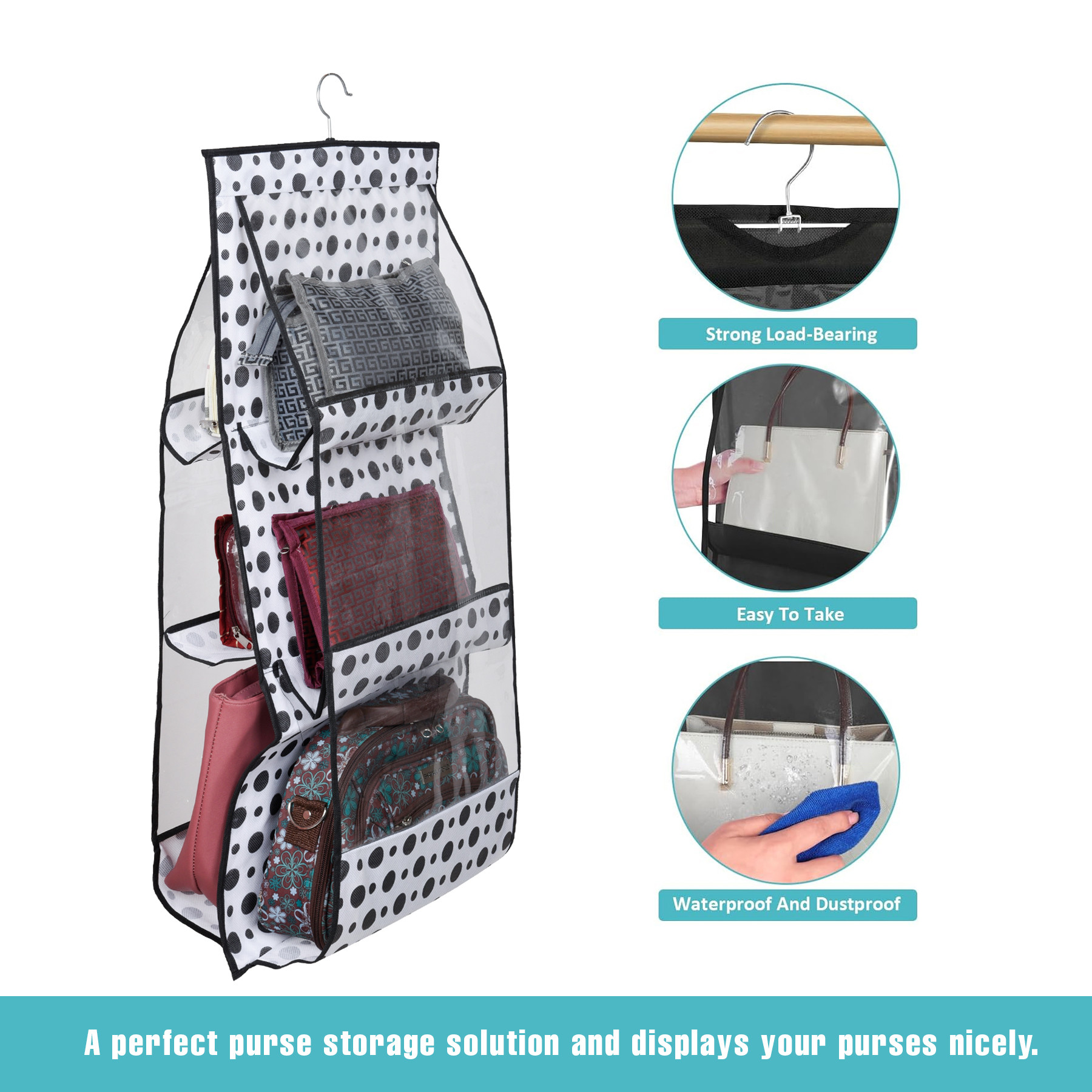 Kuber Industries Hanging Organizer  Handbag Organizer  Hanging Purse for Wardrobe  Transparent Clutch Organizer  Handbag Storage for Closet  Dot 6 Pocket Hanger  Black