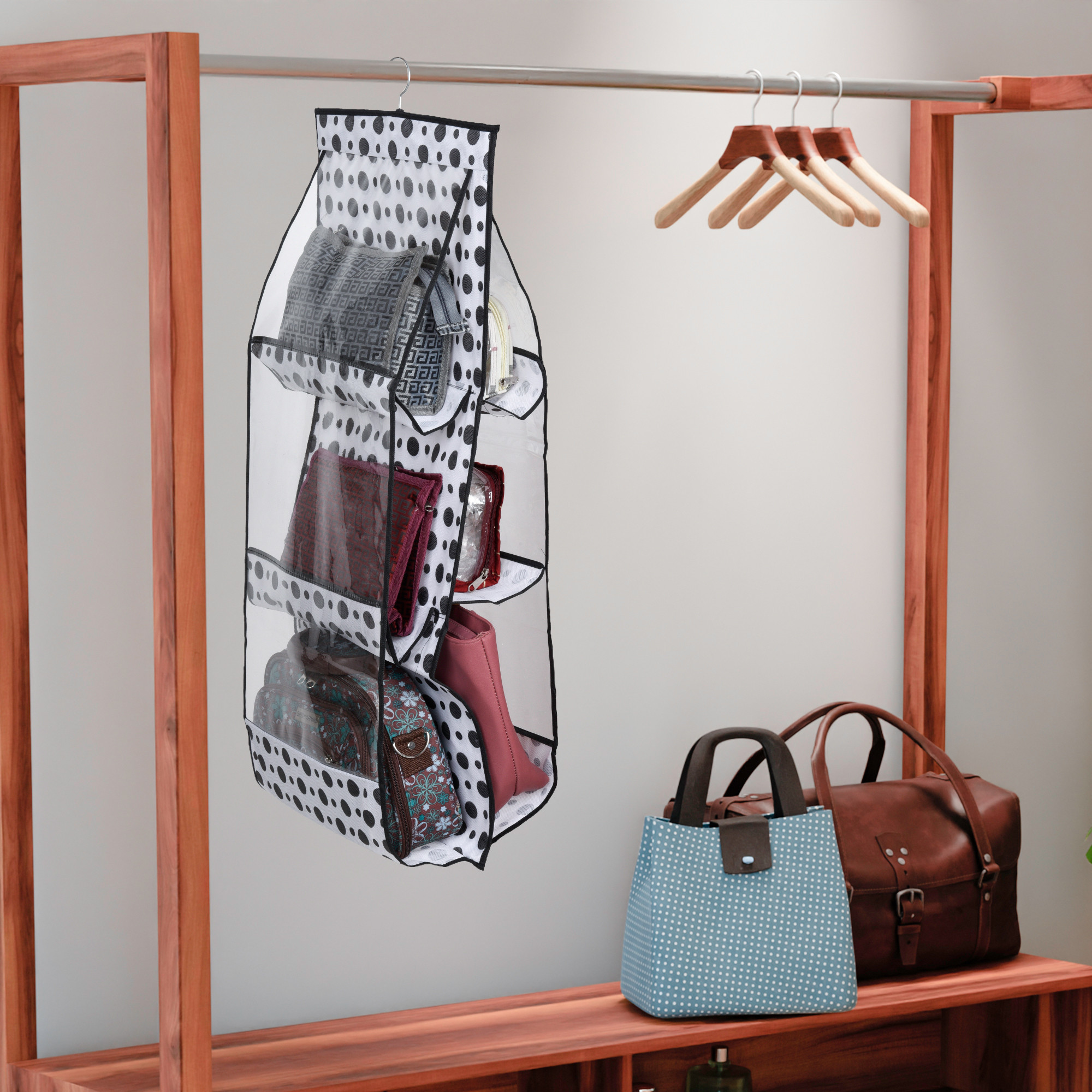 Kuber Industries Hanging Organizer  Handbag Organizer  Hanging Purse for Wardrobe  Transparent Clutch Organizer  Handbag Storage for Closet  Dot 6 Pocket Hanger  Black