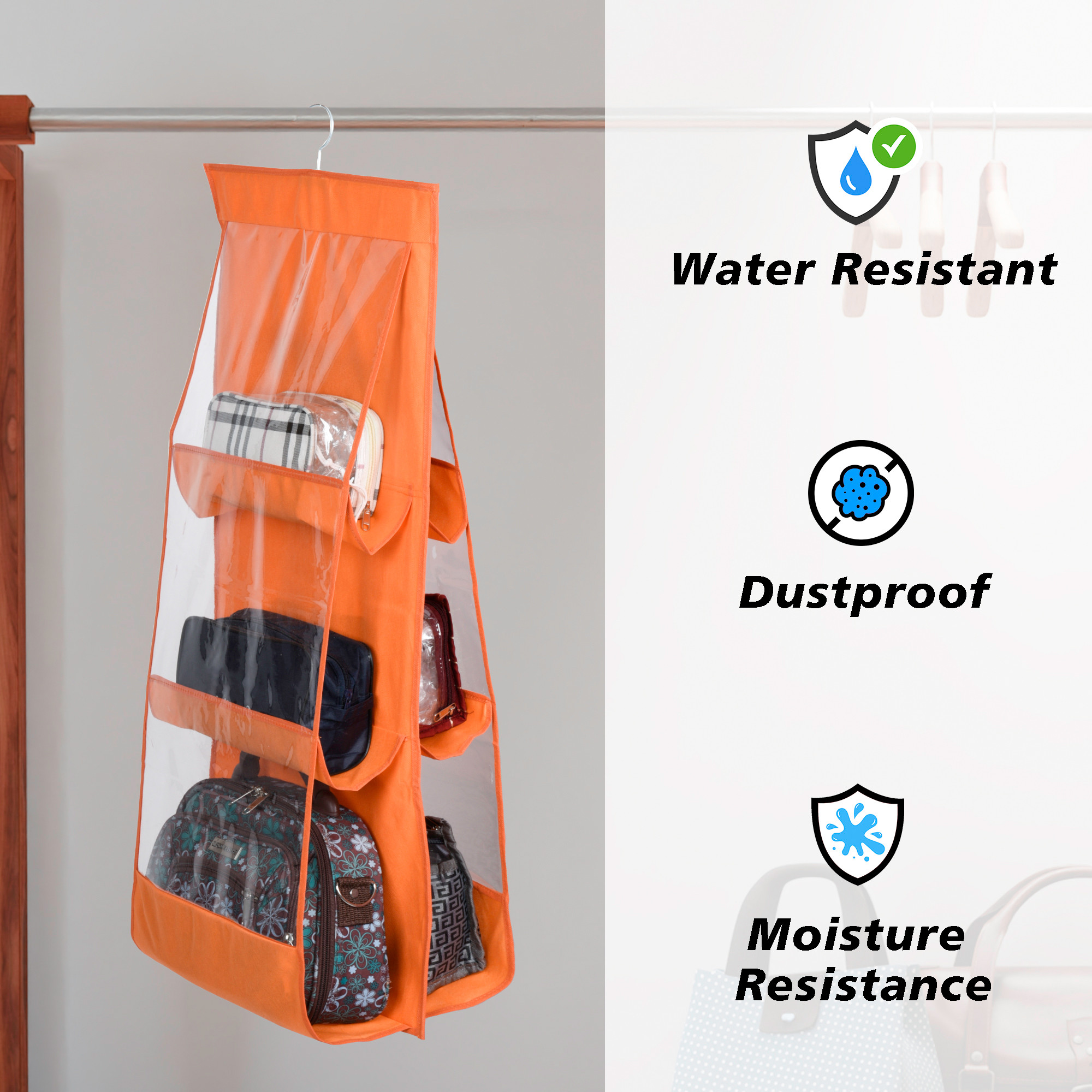 Kuber Industries Hanging Organizer  Handbag Organizer  Hanging Purse for Wardrobe  Transparent Clutch Organizer  Handbag Storage For Closet  6 Pocket Storage Hanger  Orange