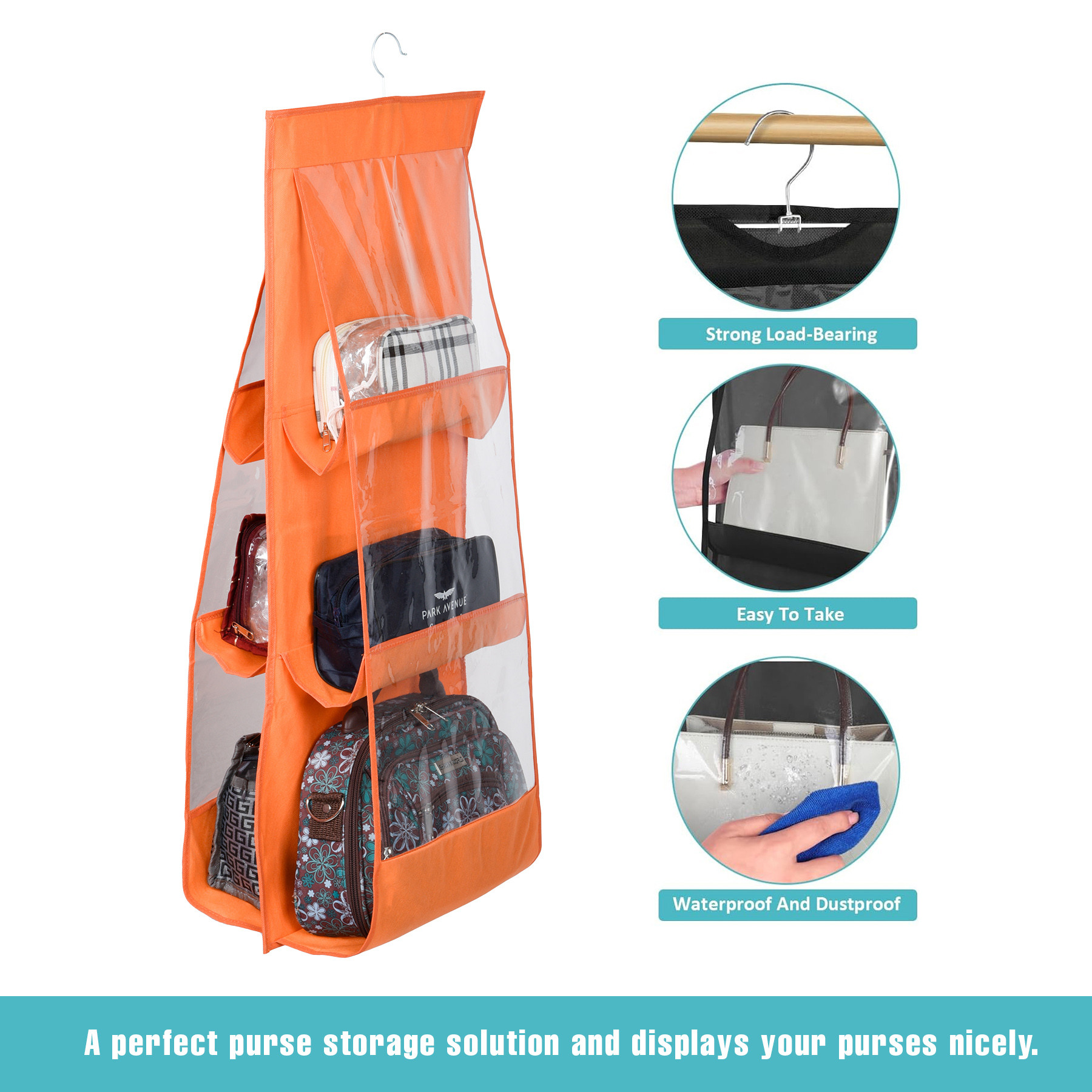 Kuber Industries Hanging Organizer  Handbag Organizer  Hanging Purse for Wardrobe  Transparent Clutch Organizer  Handbag Storage For Closet  6 Pocket Storage Hanger  Orange