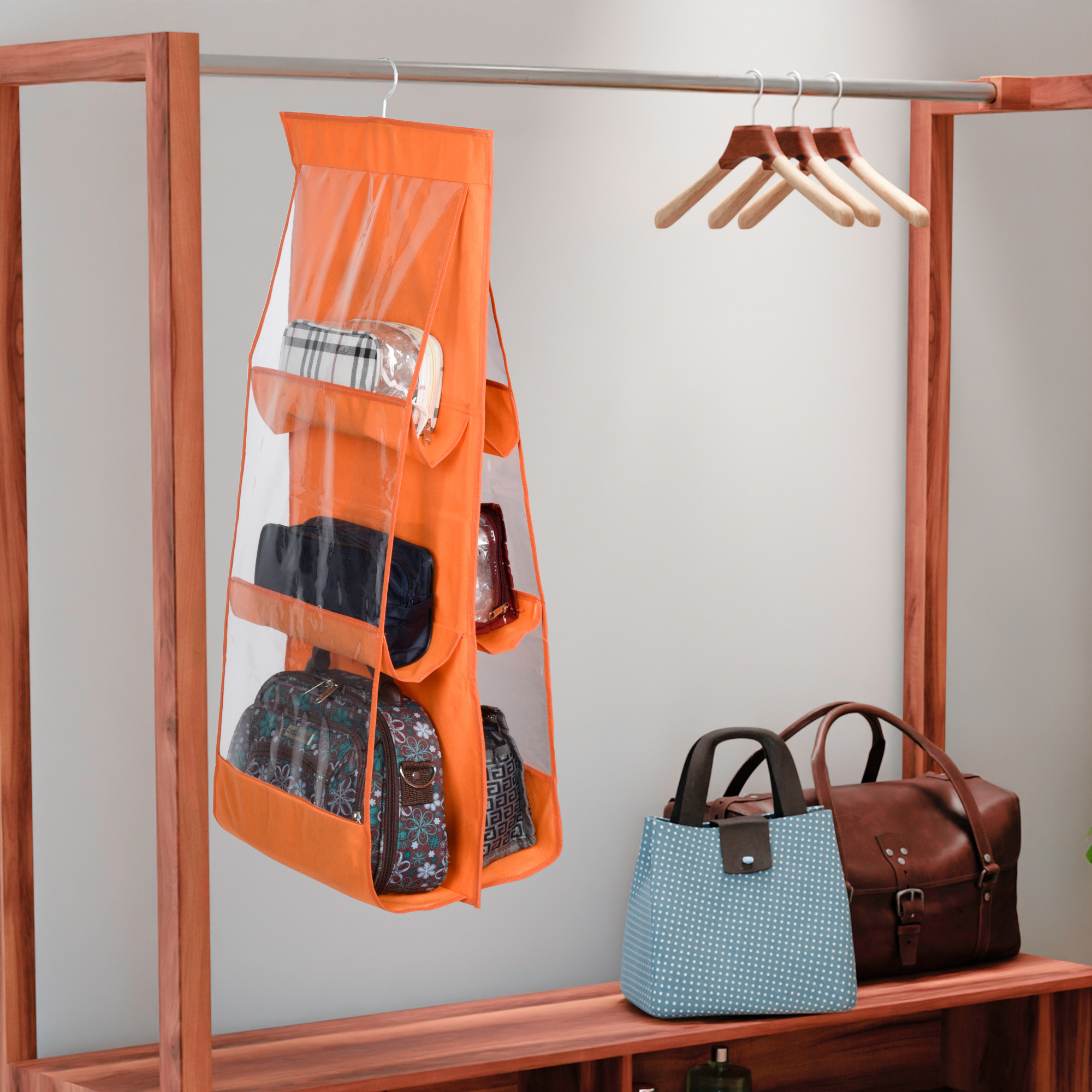 Kuber Industries Hanging Organizer  Handbag Organizer  Hanging Purse for Wardrobe  Transparent Clutch Organizer  Handbag Storage For Closet  6 Pocket Storage Hanger  Orange