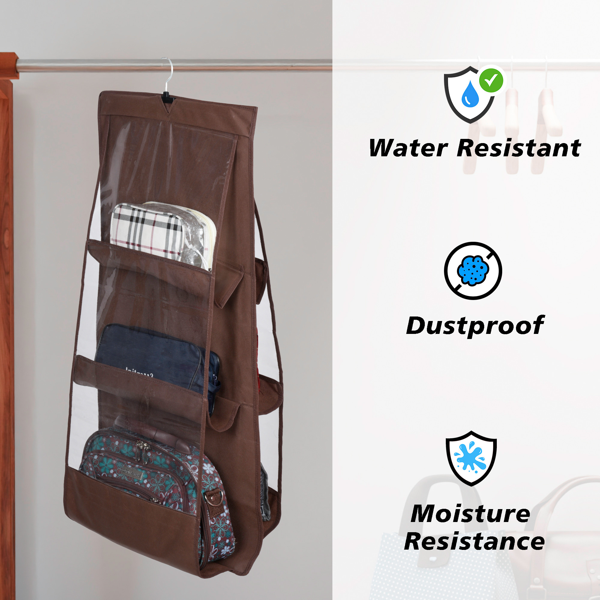 Kuber Industries Hanging Organizer  Handbag Organizer  Hanging Purse for Wardrobe  Transparent Clutch Organizer  Handbag Storage For Closet  6 Pocket Storage Hanger  Brown