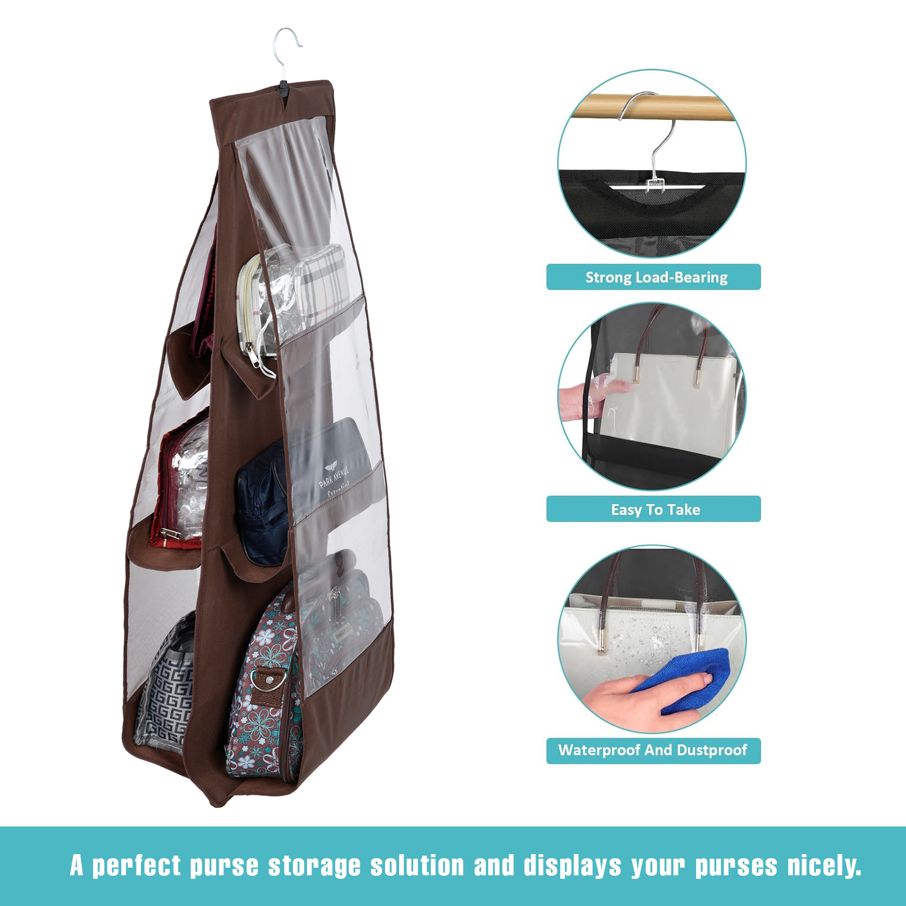 Kuber Industries Hanging Organizer  Handbag Organizer  Hanging Purse for Wardrobe  Transparent Clutch Organizer  Handbag Storage For Closet  6 Pocket Storage Hanger  Brown