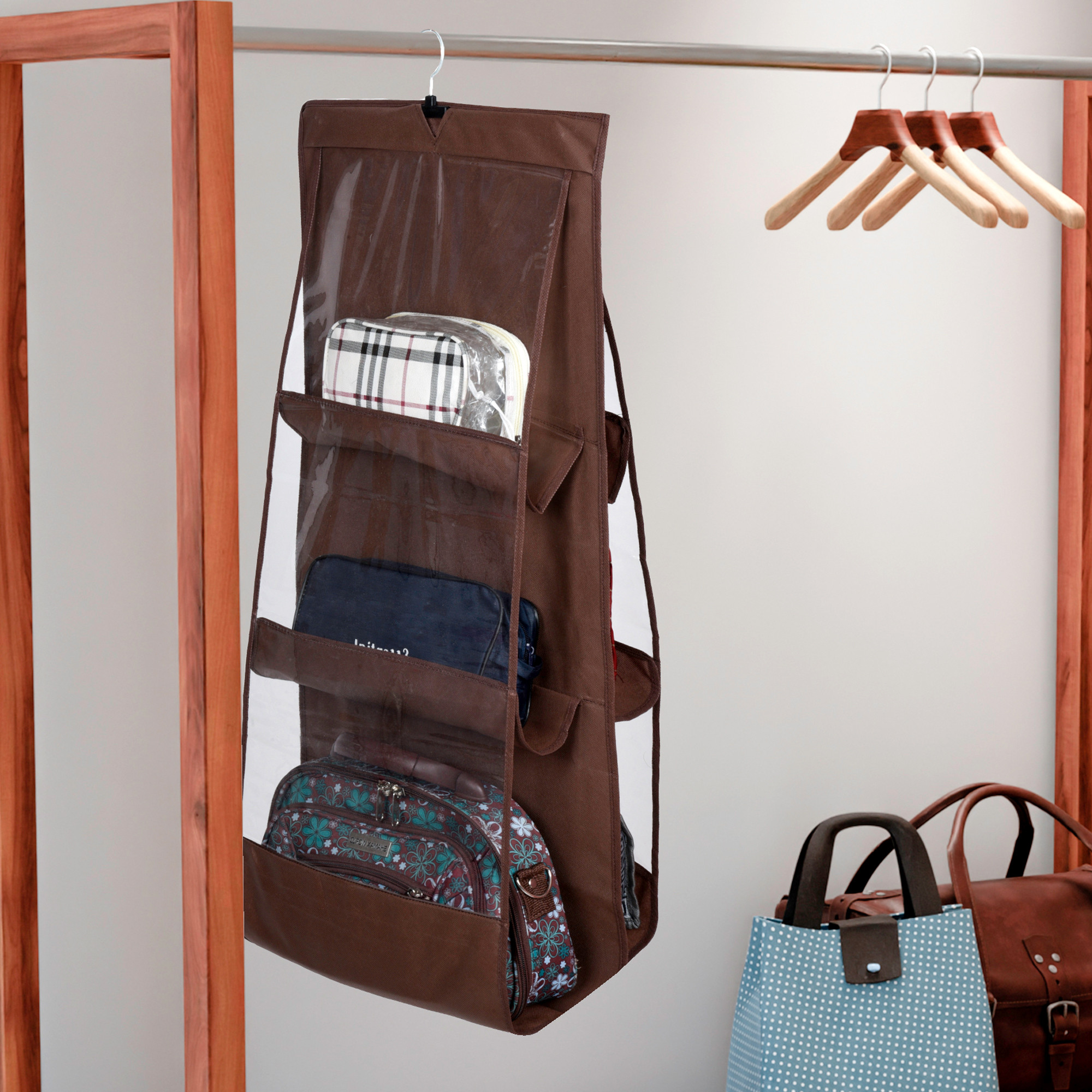 Kuber Industries Hanging Organizer  Handbag Organizer  Hanging Purse for Wardrobe  Transparent Clutch Organizer  Handbag Storage For Closet  6 Pocket Storage Hanger  Brown