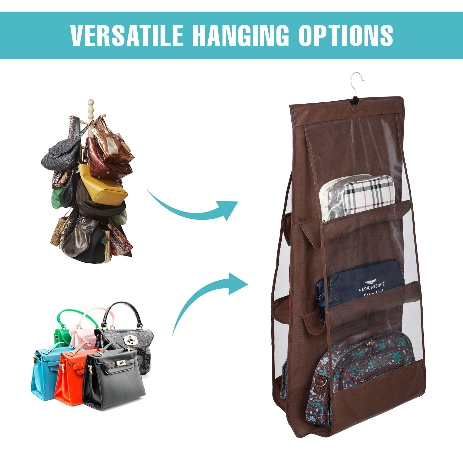 Kuber Industries Hanging Organizer  Handbag Organizer  Hanging Purse for Wardrobe  Transparent Clutch Organizer  Handbag Storage For Closet  6 Pocket Storage Hanger  Brown