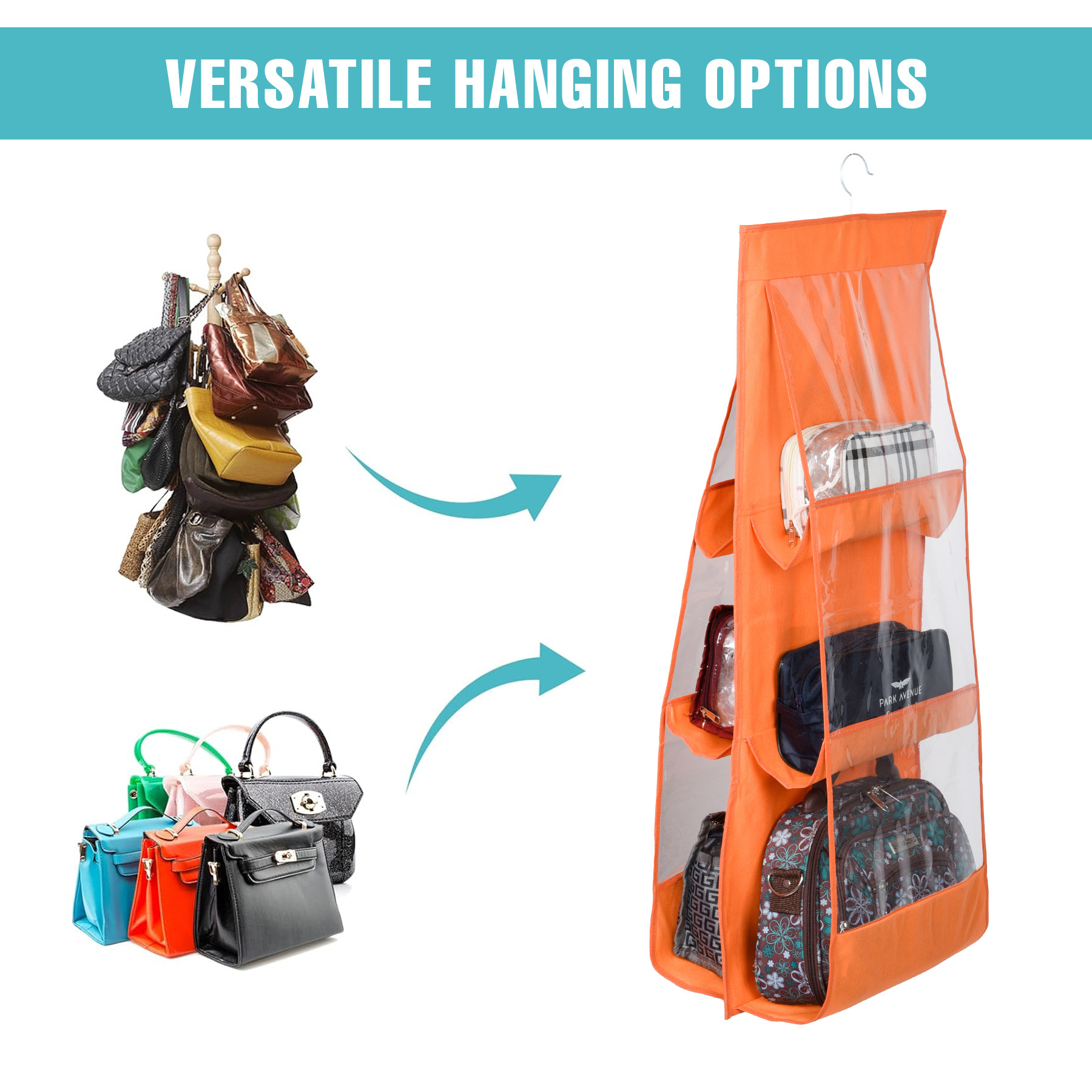 Kuber Industries Hanging Organizer  Handbag Organizer  Hanging Purse for Wardrobe  Transparent Clutch Organizer  Handbag Storage For Closet  6 Pocket Storage Hanger  Orange