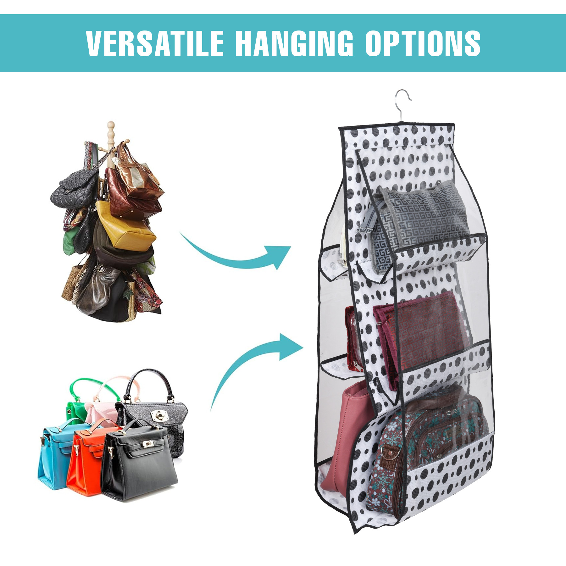 Kuber Industries Hanging Organizer  Handbag Organizer  Hanging Purse for Wardrobe  Transparent Clutch Organizer  Handbag Storage for Closet  Dot 6 Pocket Hanger  Black